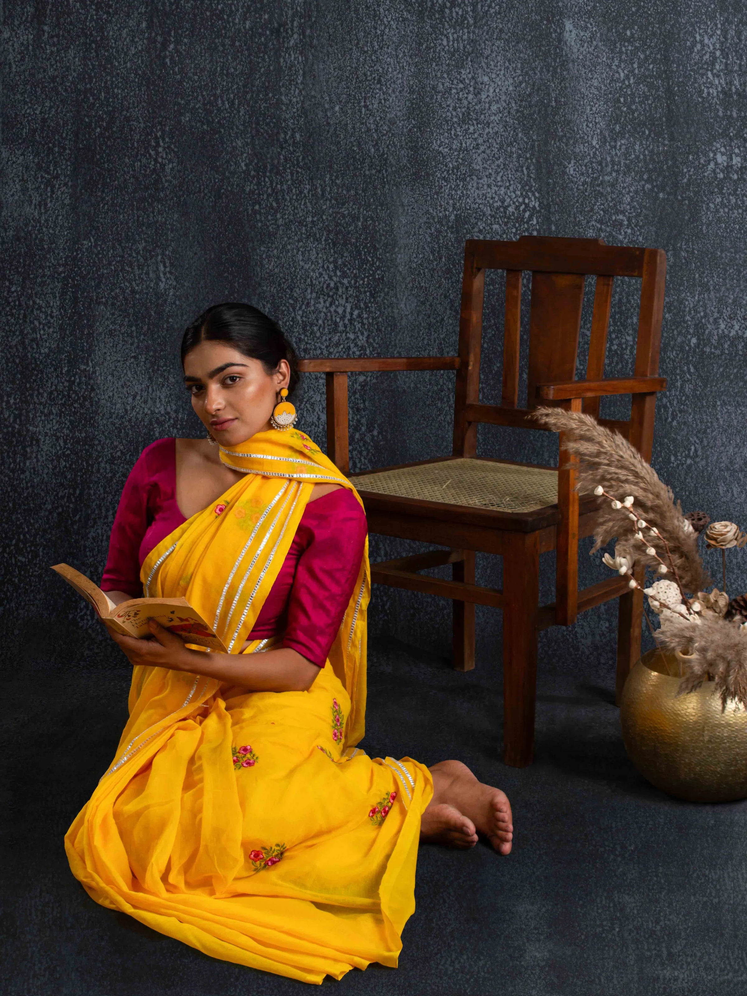 Gentle Mul Cotton Saree in Marigold Yellow with Floral Embroidery