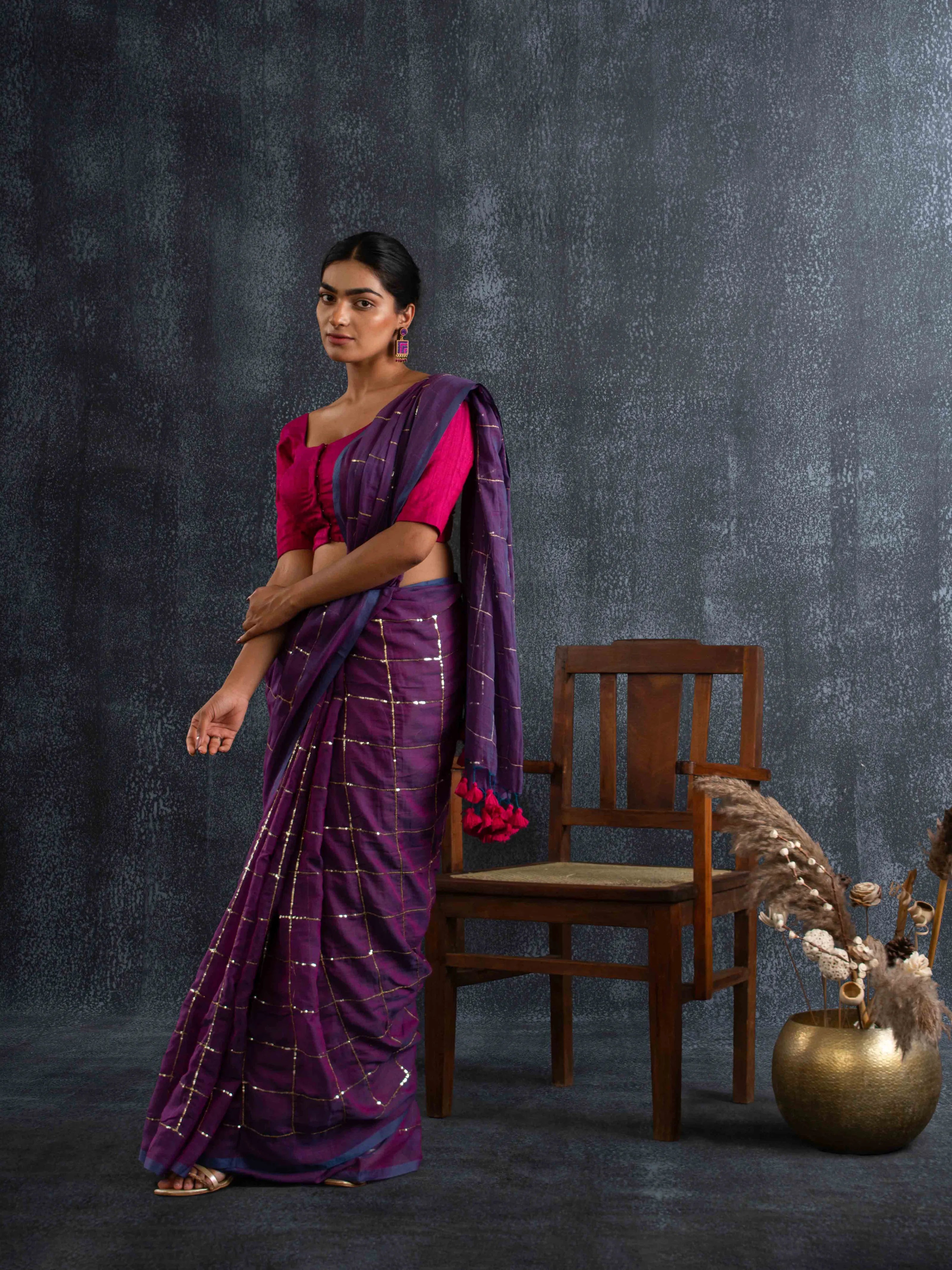 Breezy Mul Cotton Saree in Plum Blue with Zari Checks
