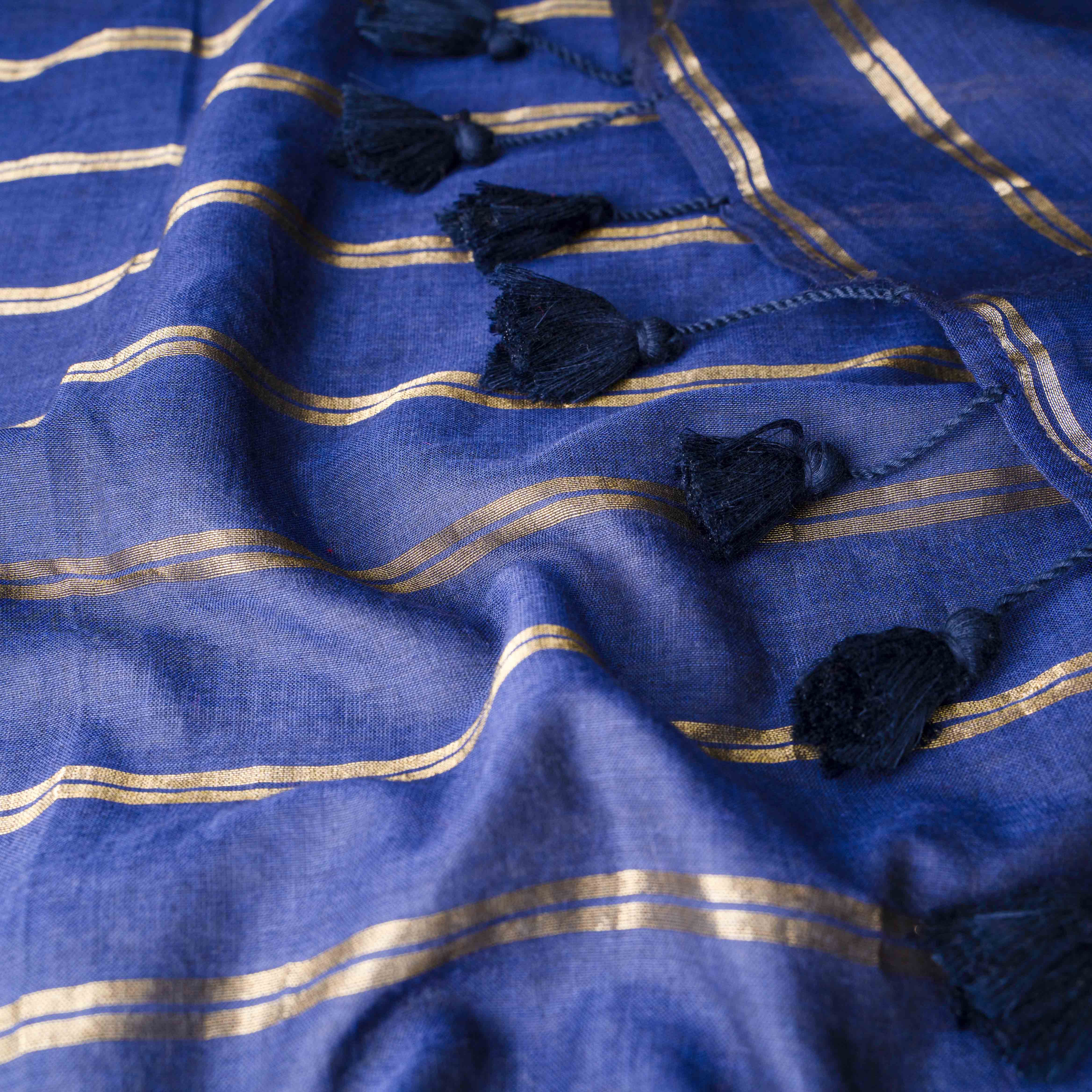Featherlight Mul Cotton Saree in Deep Navy with Zari Stripes