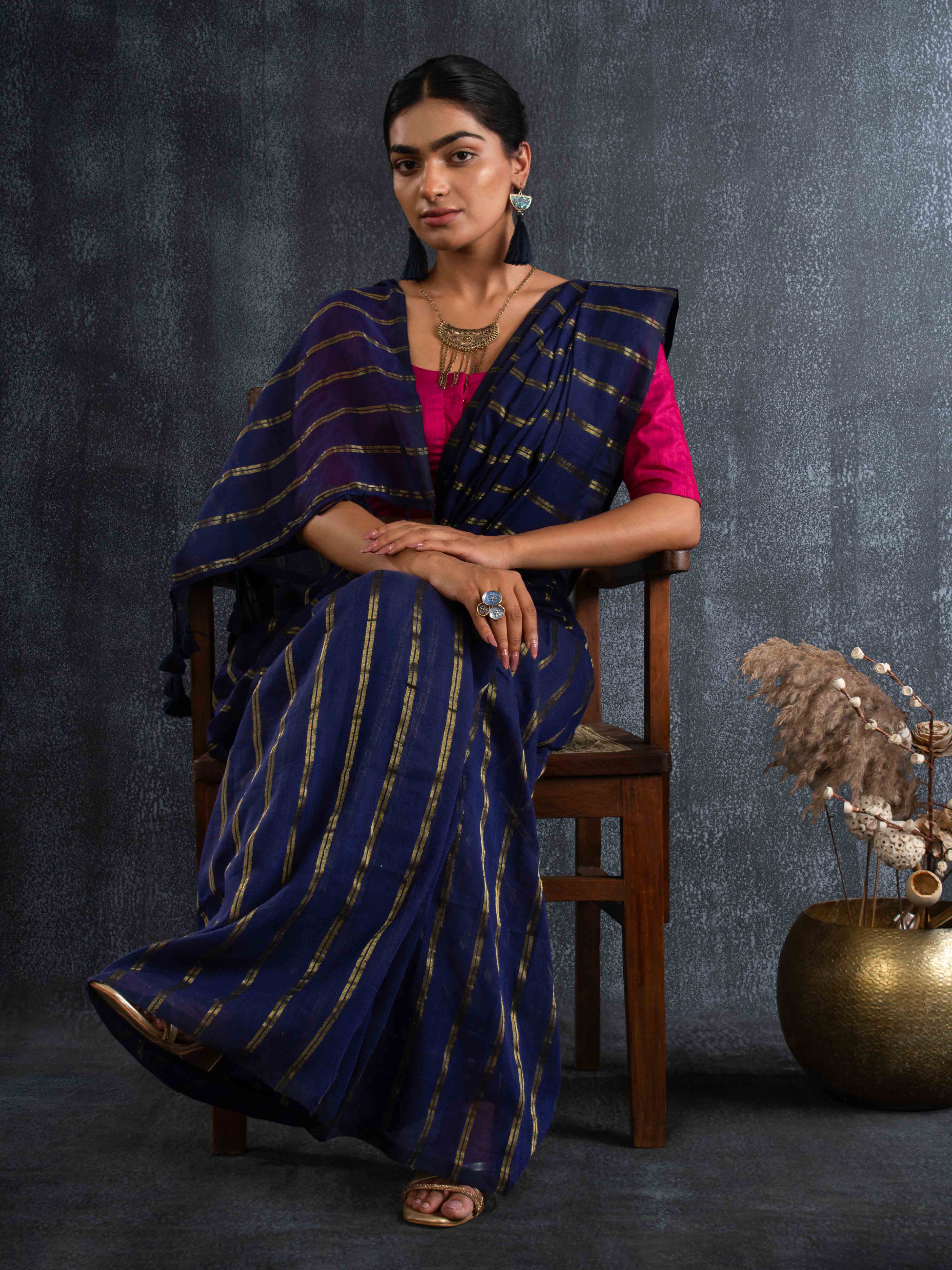 Featherlight Mul Cotton Saree in Deep Navy with Zari Stripes