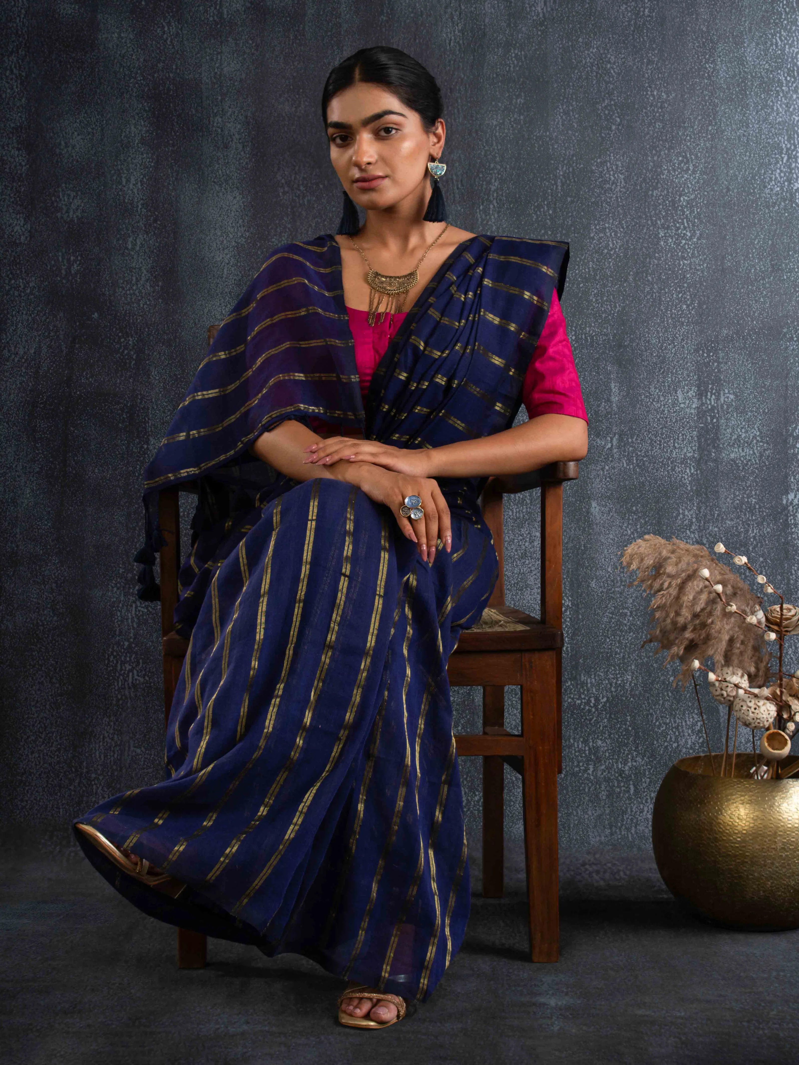 Featherlight Mul Cotton Saree in Deep Navy with Zari Stripes