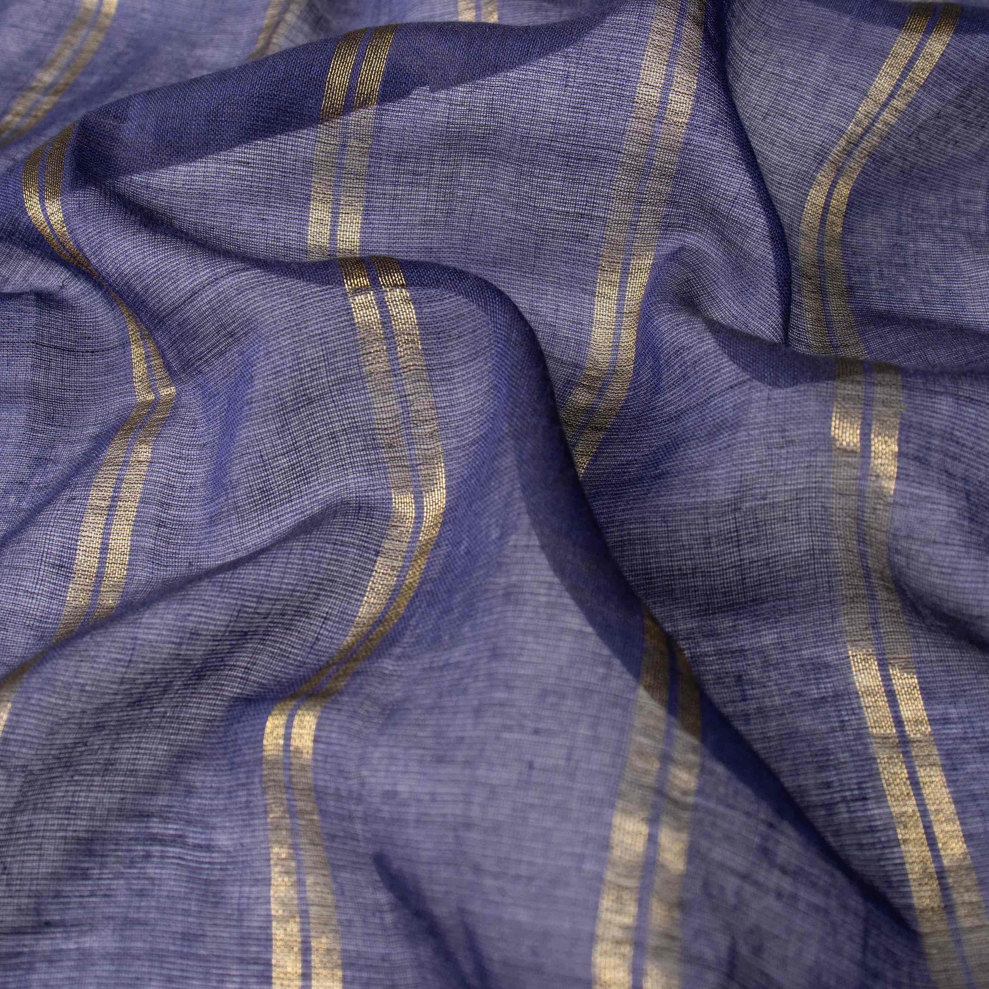 Featherlight Mul Cotton Saree in Deep Navy with Zari Stripes