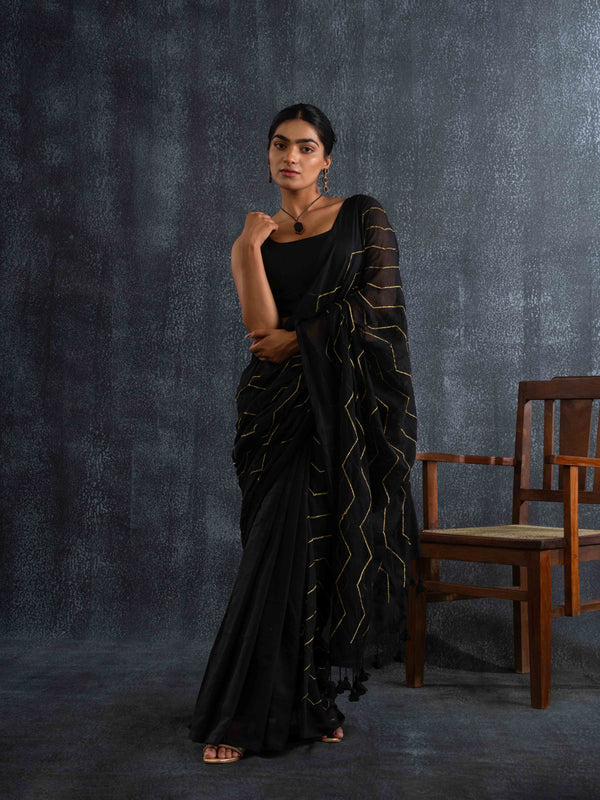 Featherlight Mul Cotton Saree in Black with Wave Patterns