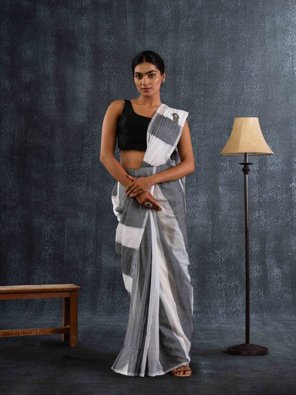 Breezy Mul Cotton Saree in White & Grey Stripes