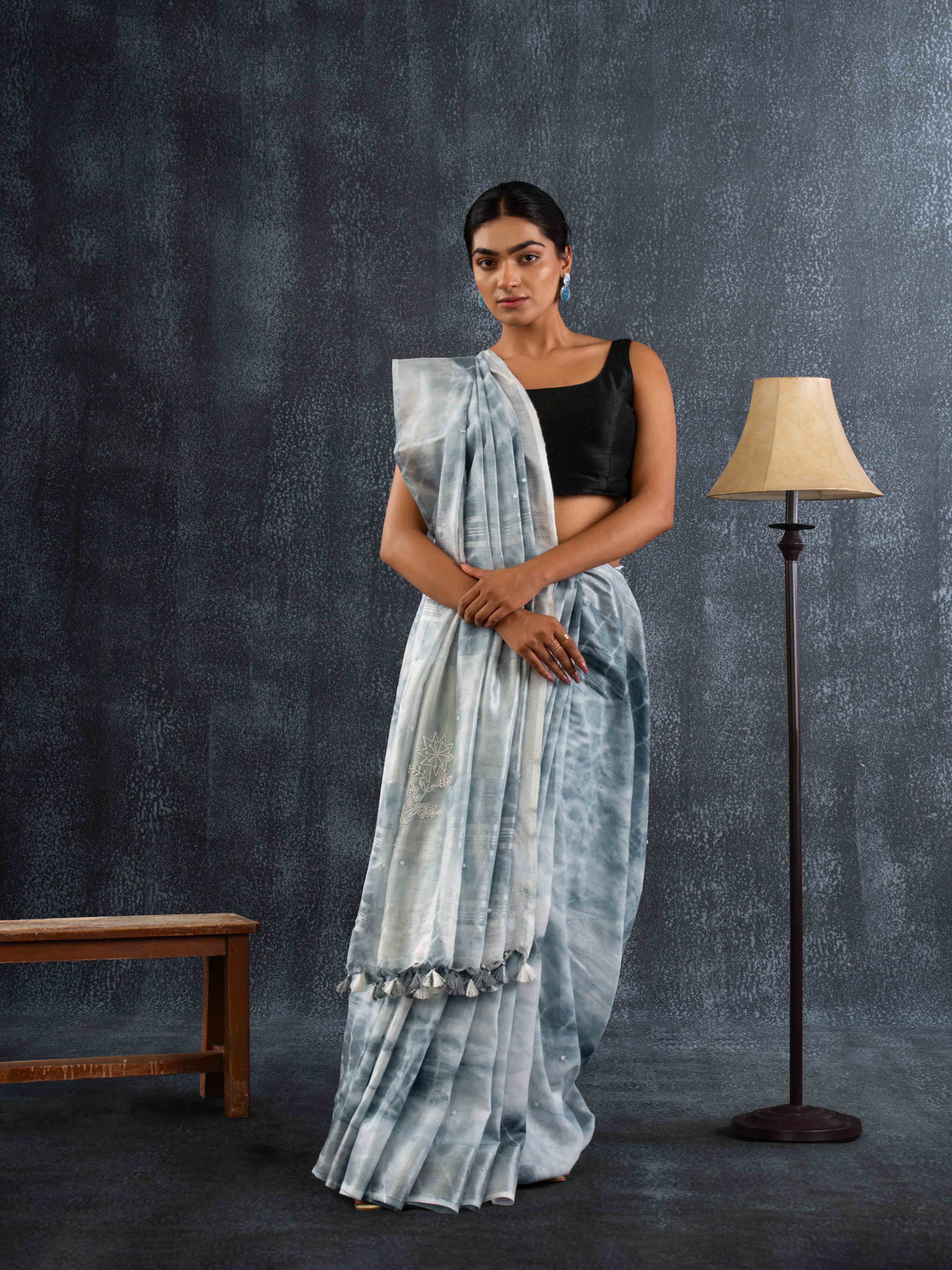 Plush 100% Pure Linen Saree in Misty Grey with Delicate Floral Motifs