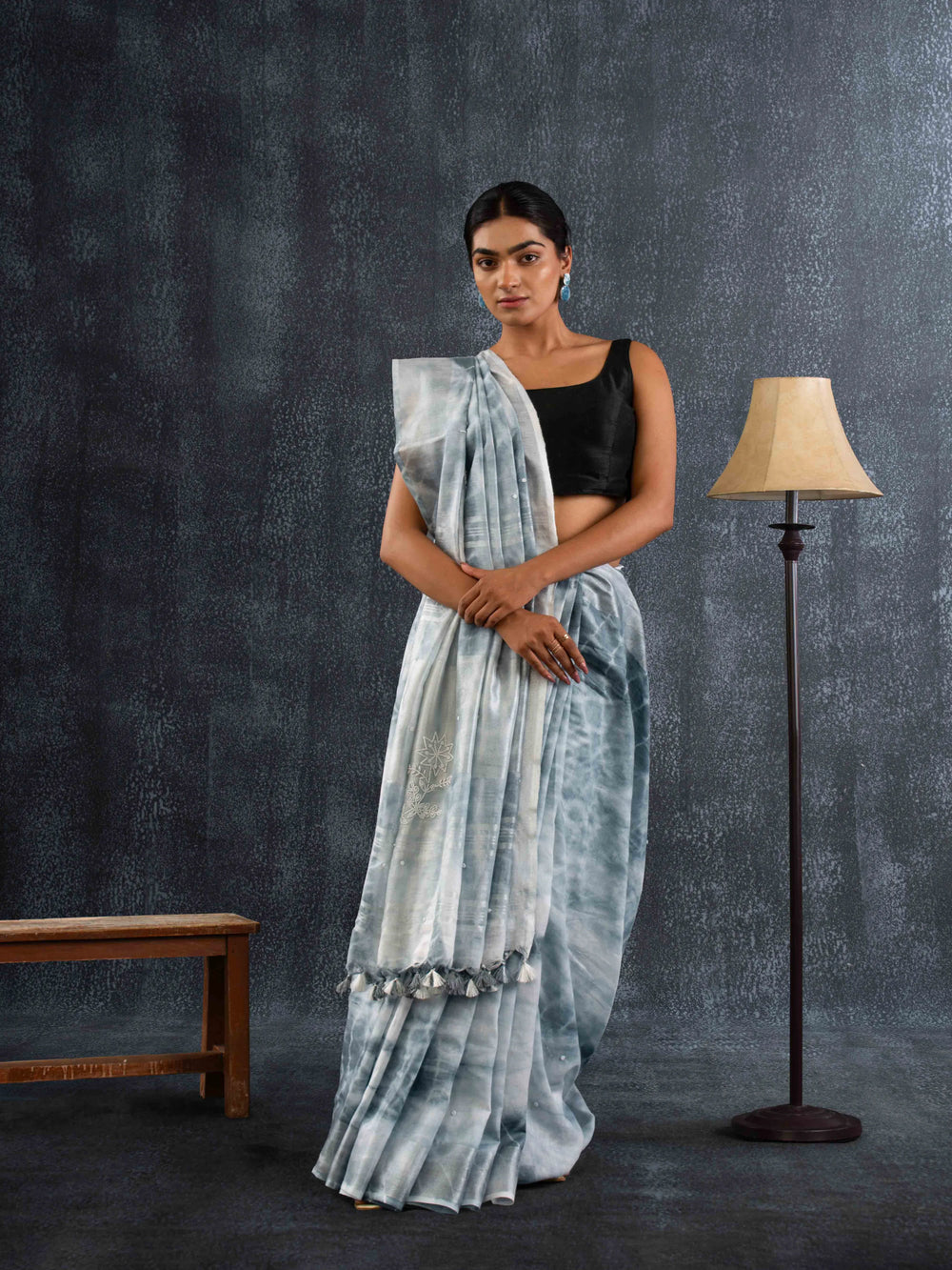Plush 100% Pure Linen Saree in Misty Grey with Delicate Floral Motifs