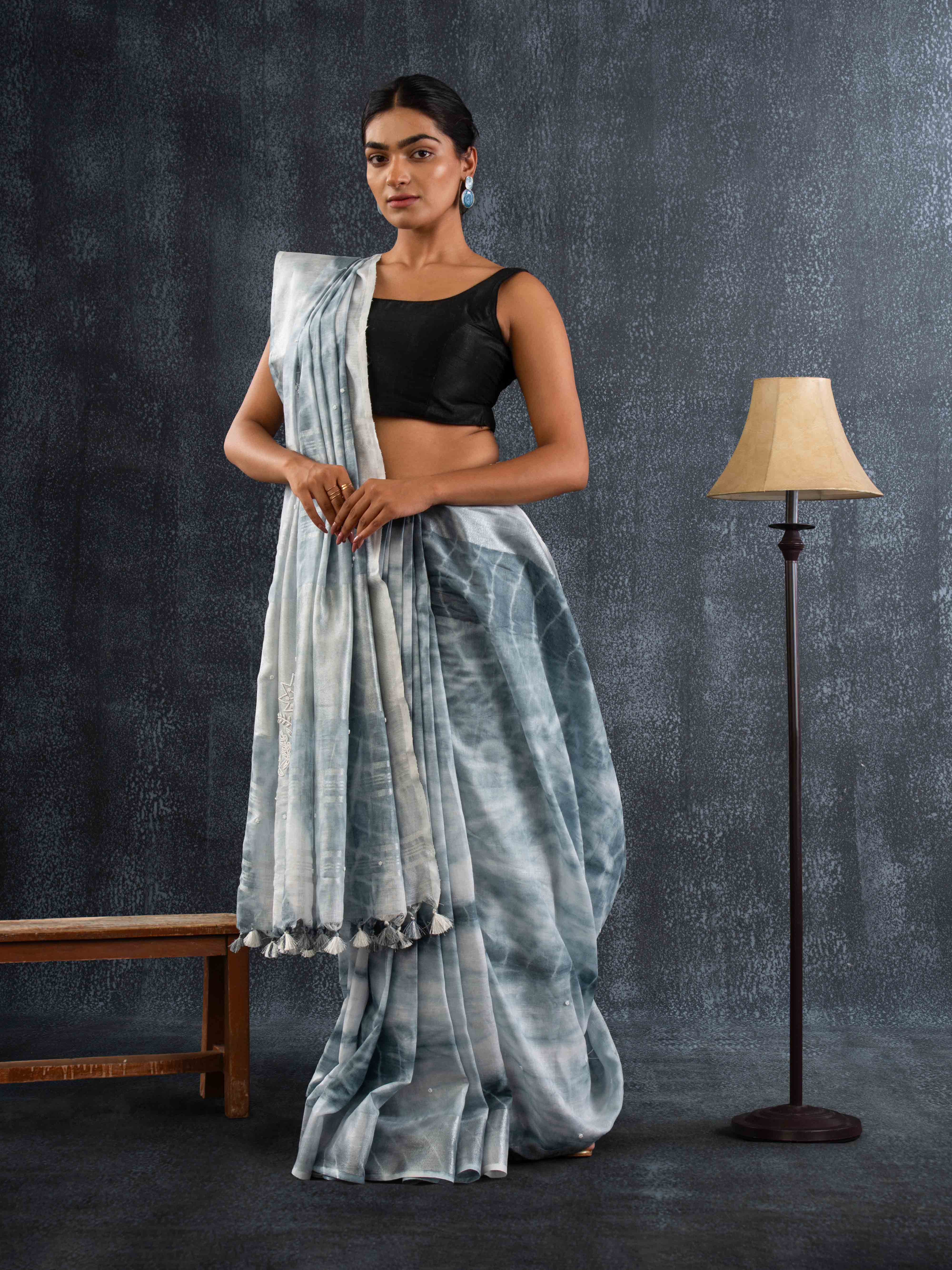 Plush 100% Pure Linen Saree in Misty Grey with Delicate Floral Motifs