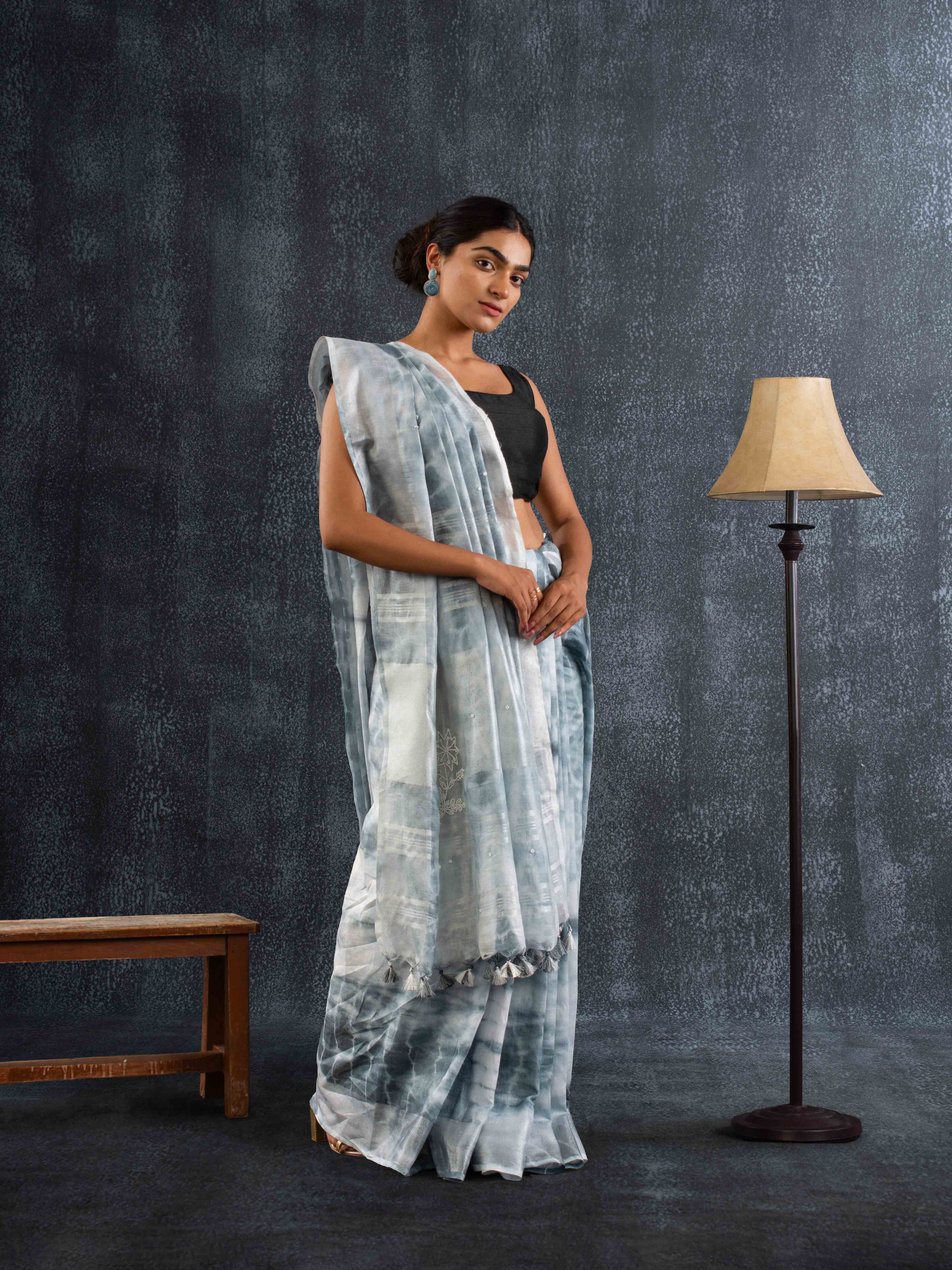 Plush 100% Pure Linen Saree in Misty Grey with Delicate Floral Motifs