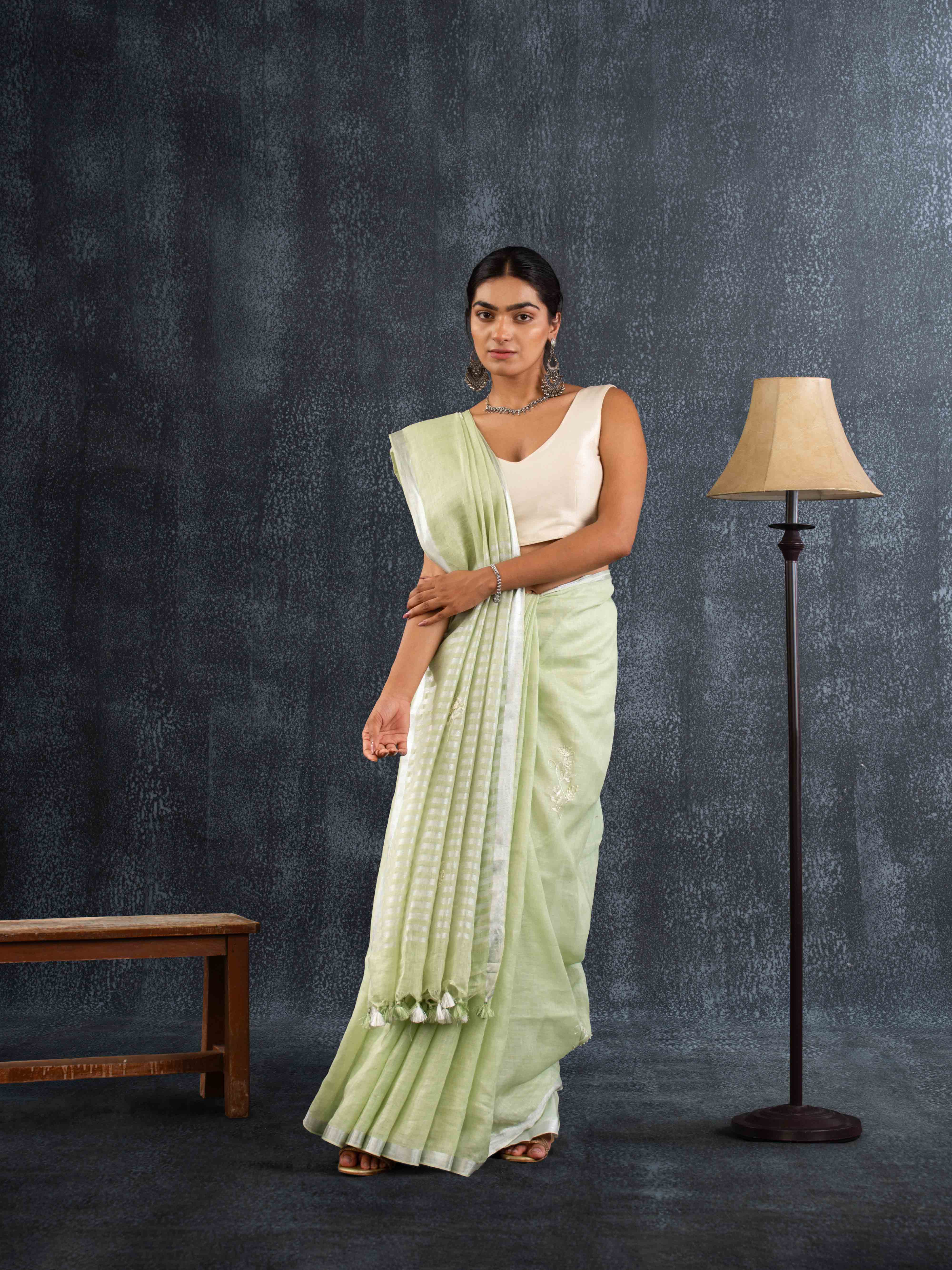 Supple Pure Linen Saree in Pistachio Green with Stripes Pallu