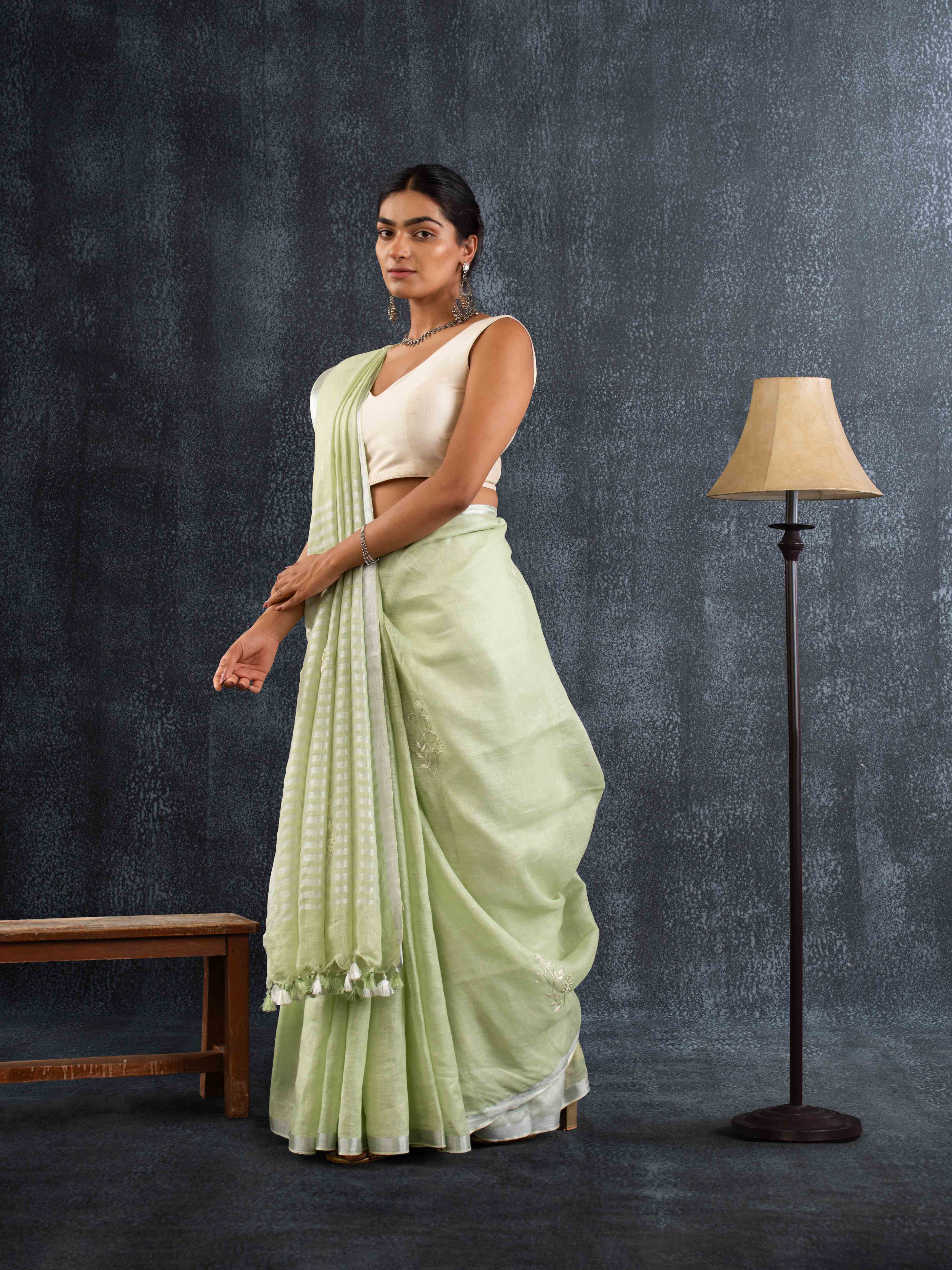 Supple Pure Linen Saree in Pistachio Green with Stripes Pallu