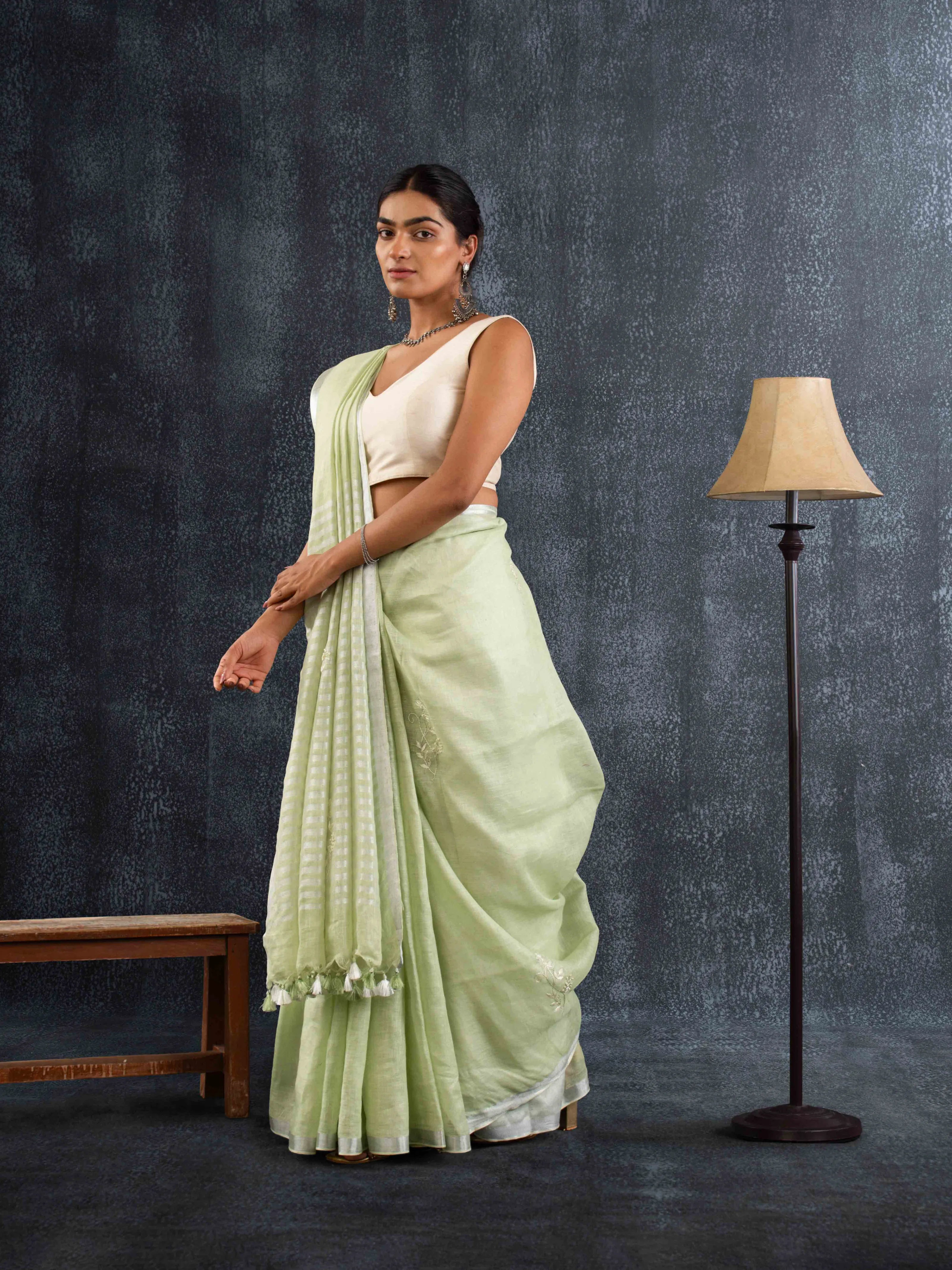 Supple Pure Linen Saree in Pistachio Green with Stripes Pallu