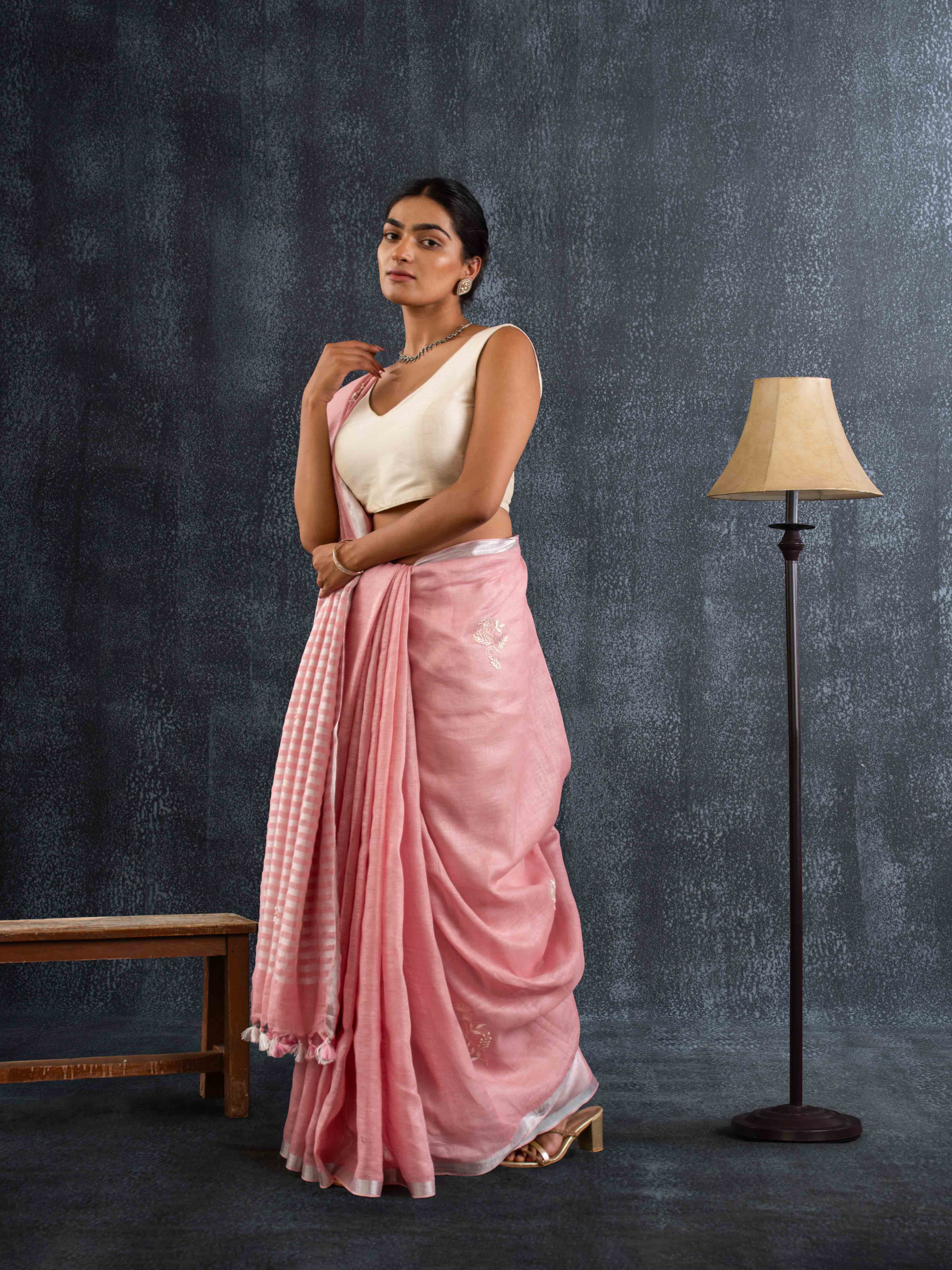 Supple Pure Linen Saree in Blush Pink with Stiped Pallu