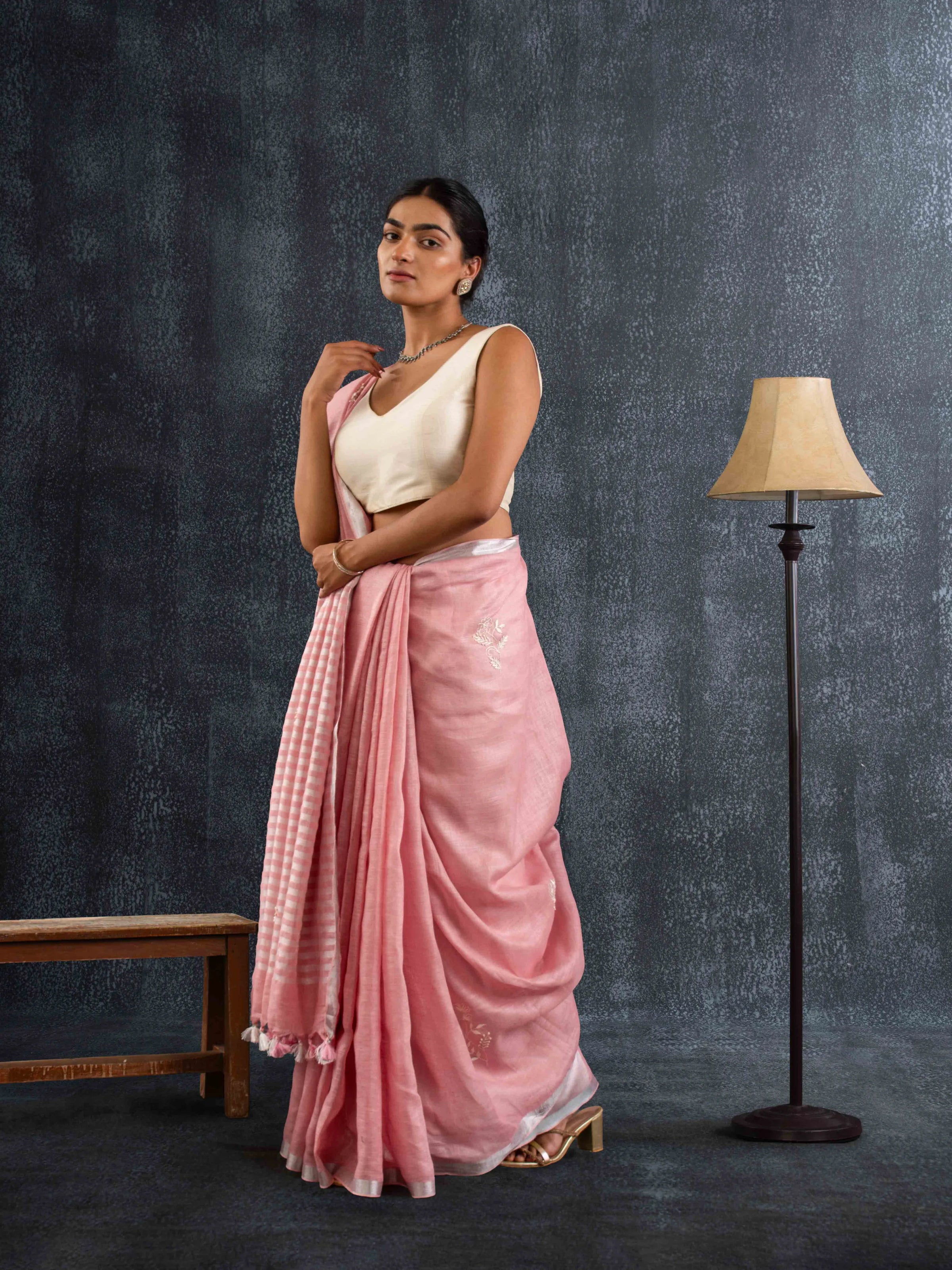 Supple Pure Linen Saree in Blush Pink with Stiped Pallu