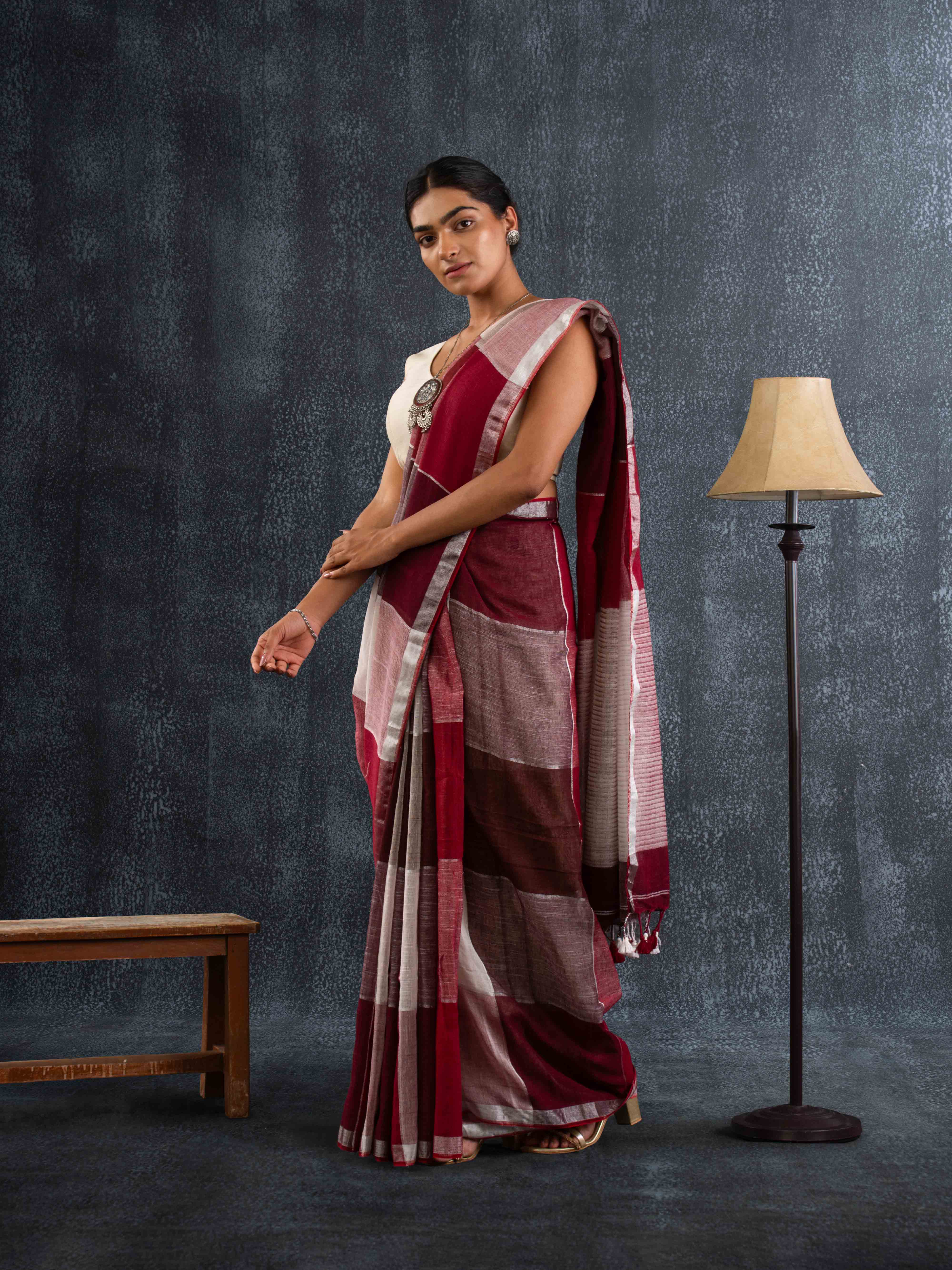 Cloud-like Pure Linen Saree in Maroon, Beige & Ivory
