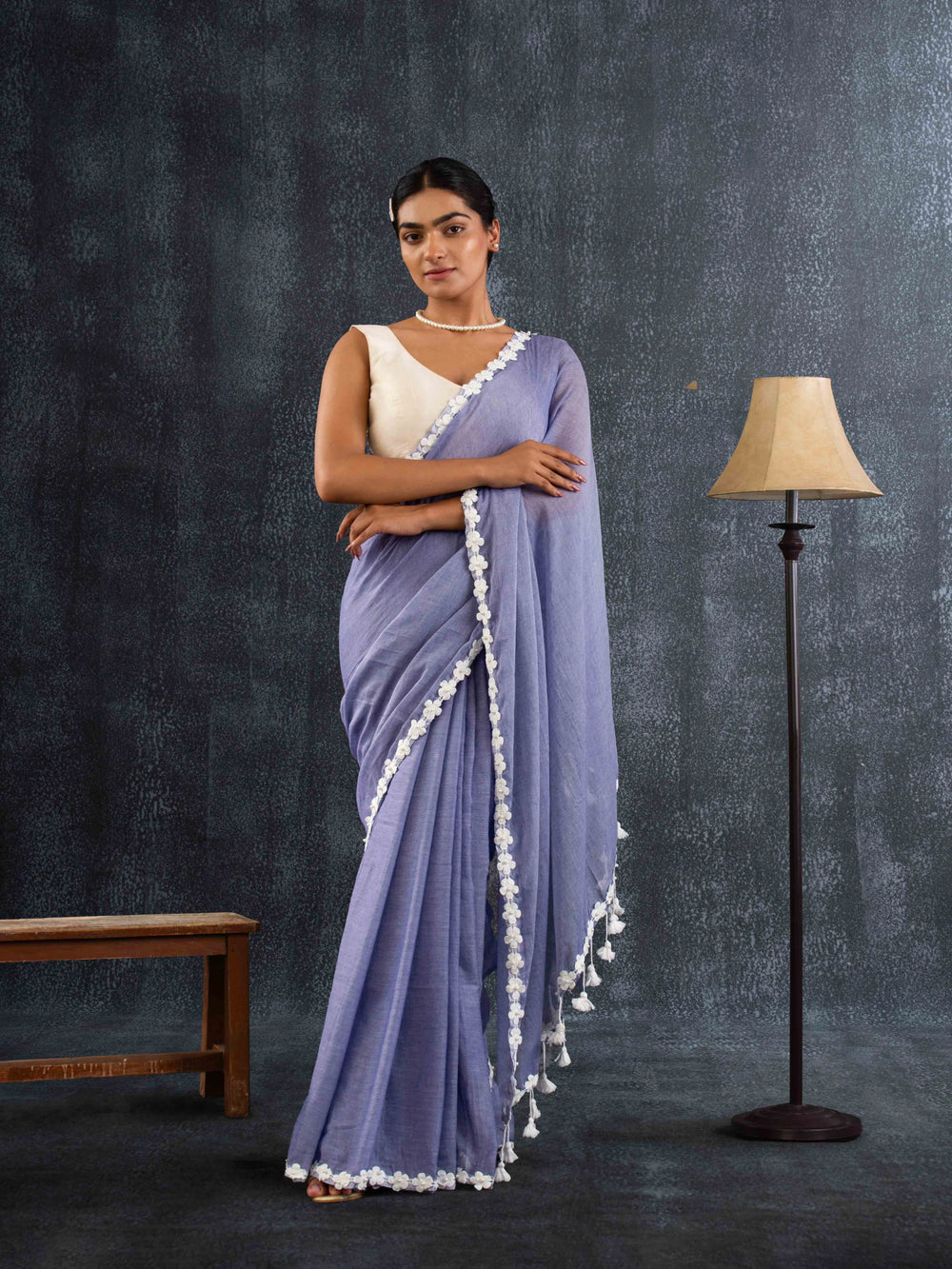 Ultra-soft Denim Blue Mul Cotton Saree with Floral Applique