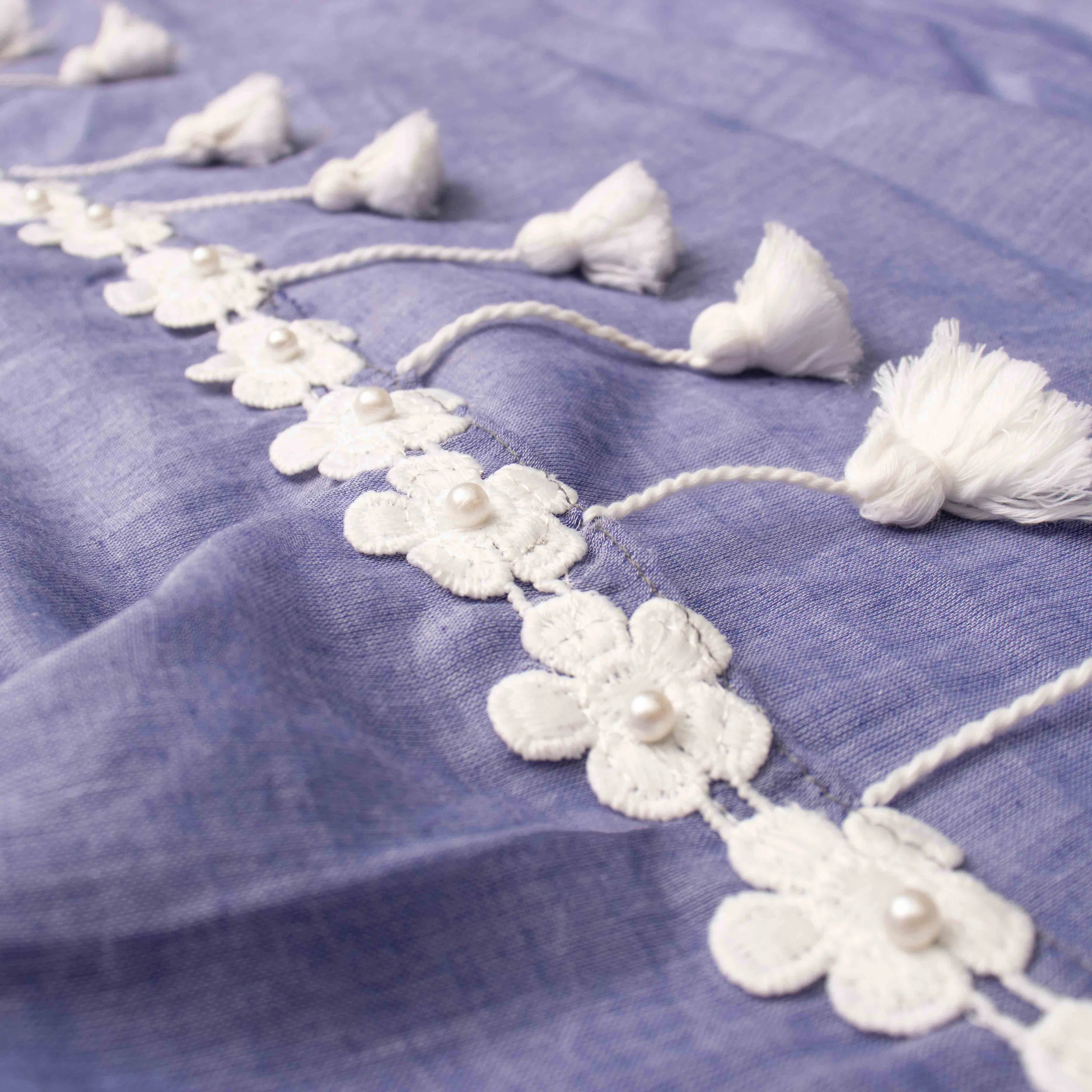 Ultra-soft Denim Blue Mul Cotton Saree with Floral Applique