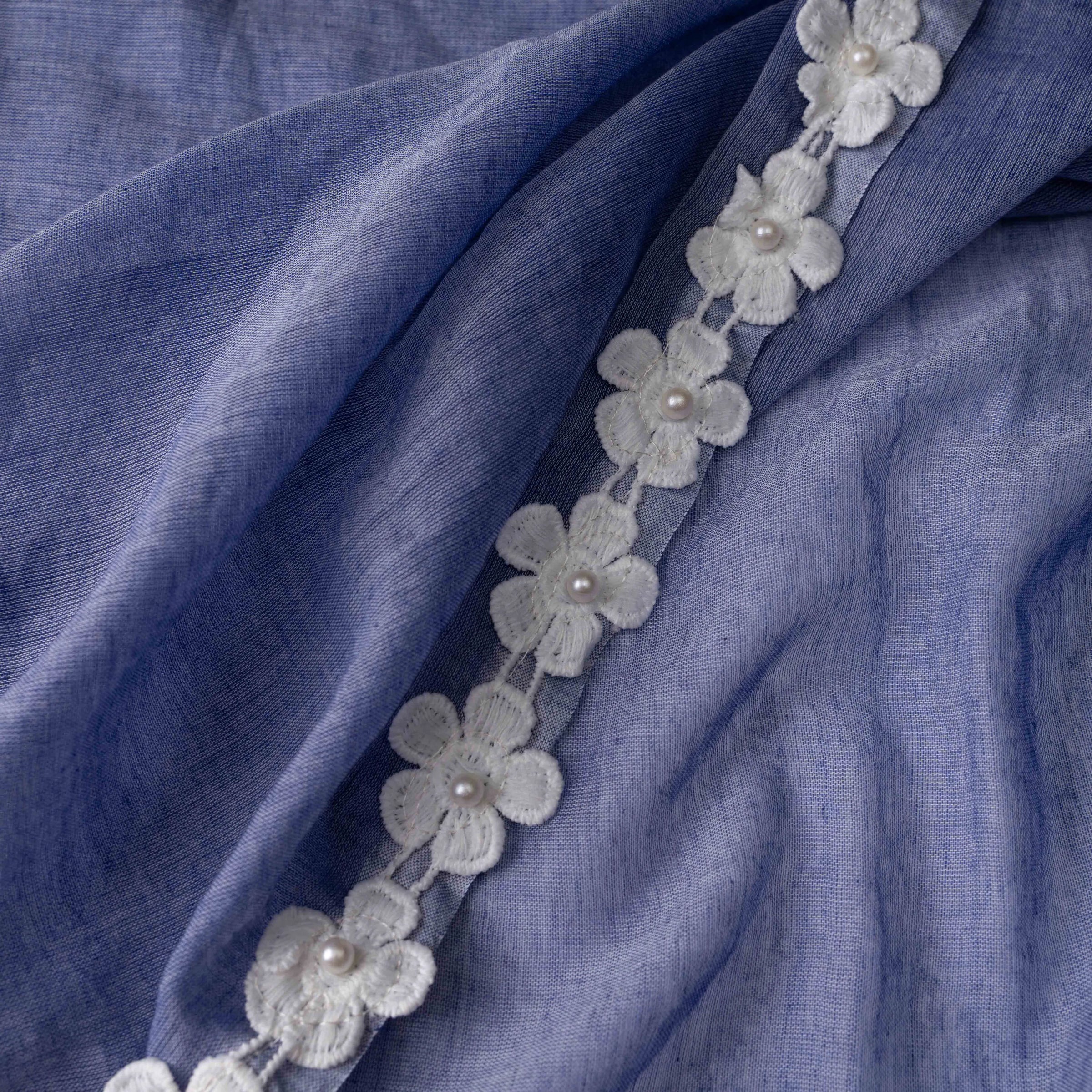 Ultra-soft Denim Blue Mul Cotton Saree with Floral Applique