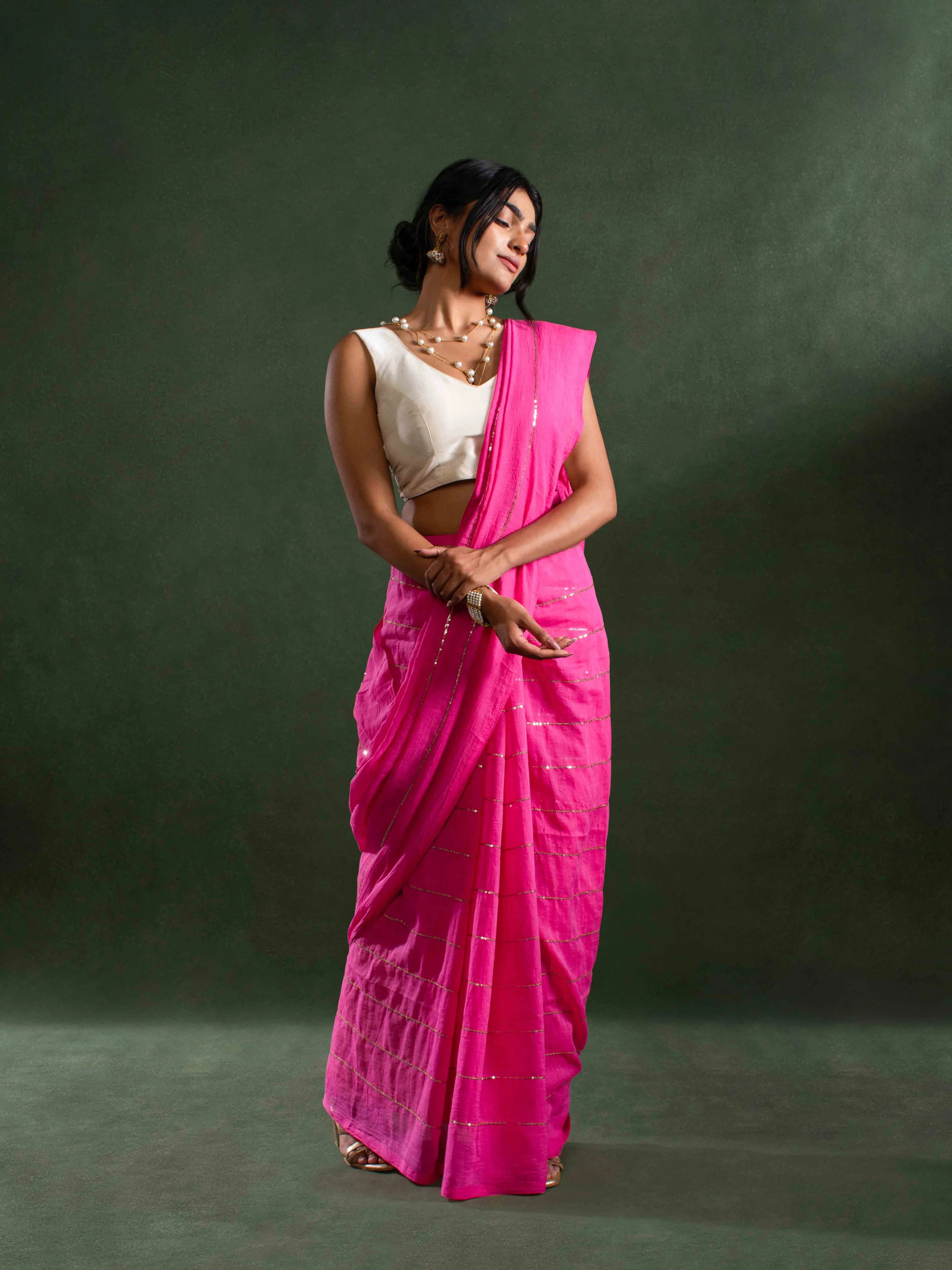 Whisper-light Mul Cotton Saree in Hot Pink with Zari Stripes