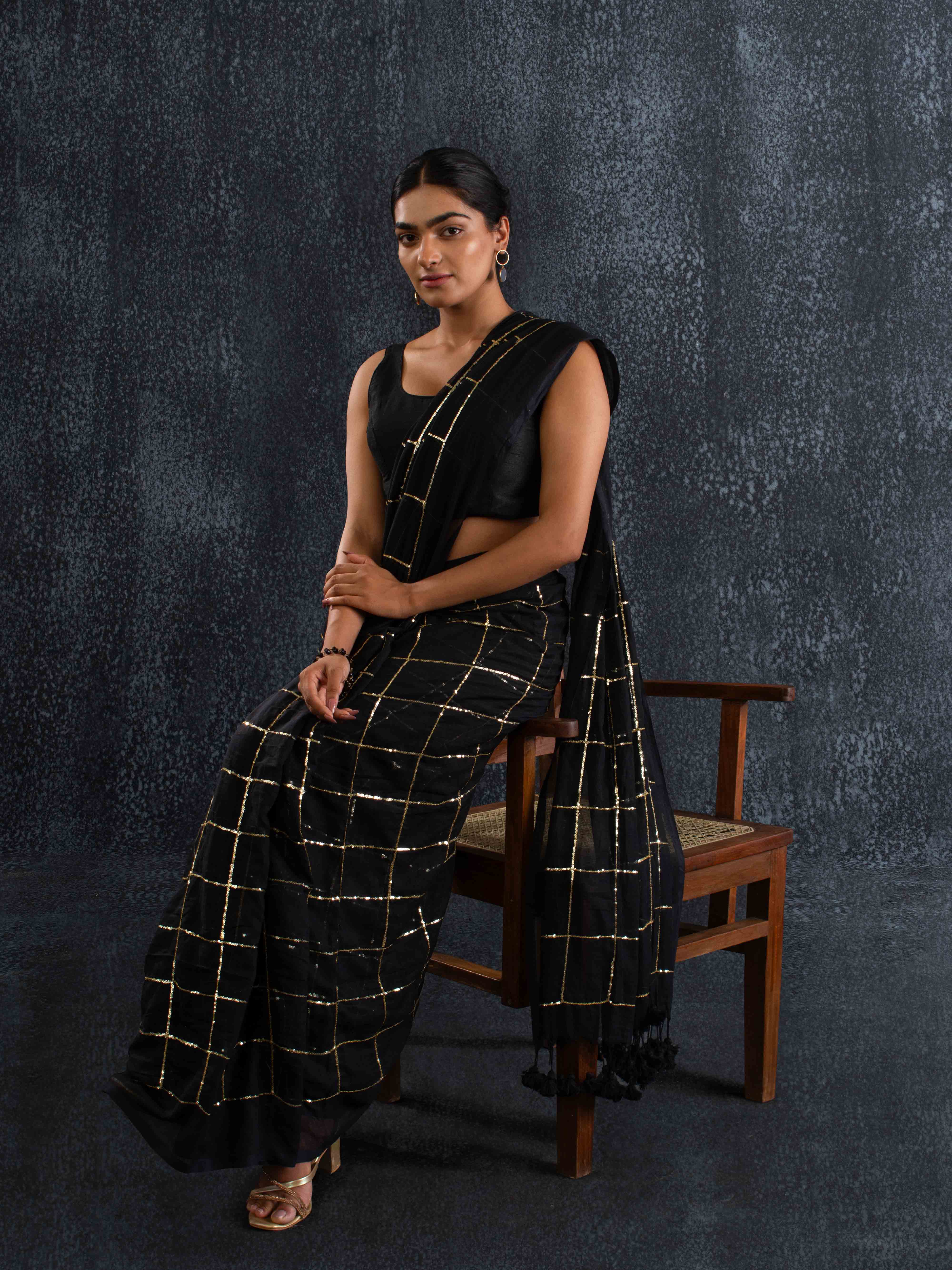 Breezy Mul Cotton Saree in Black with Zari Checks