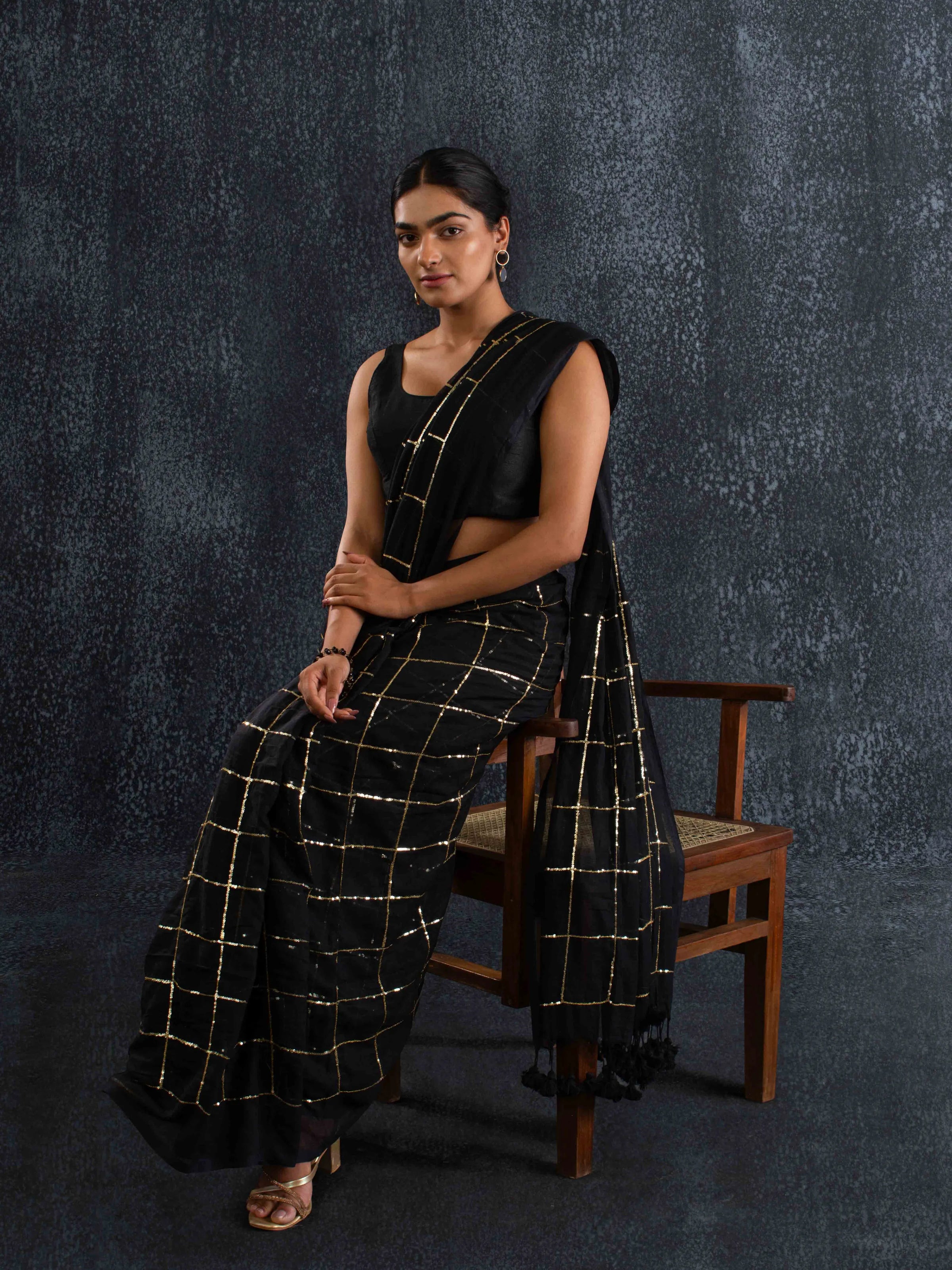 Breezy Mul Cotton Saree in Black with Zari Checks