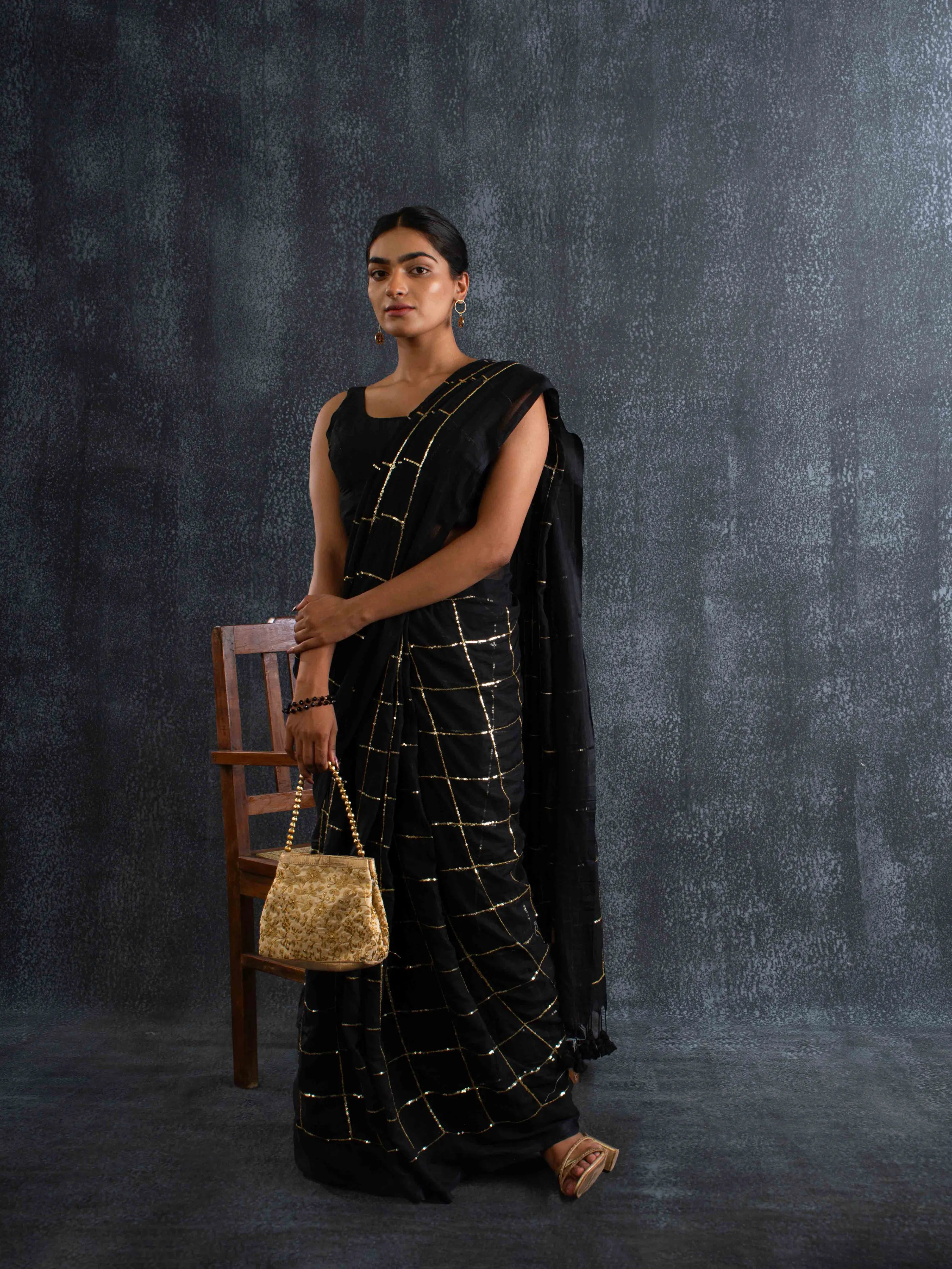 Breezy Mul Cotton Saree in Black with Zari Checks