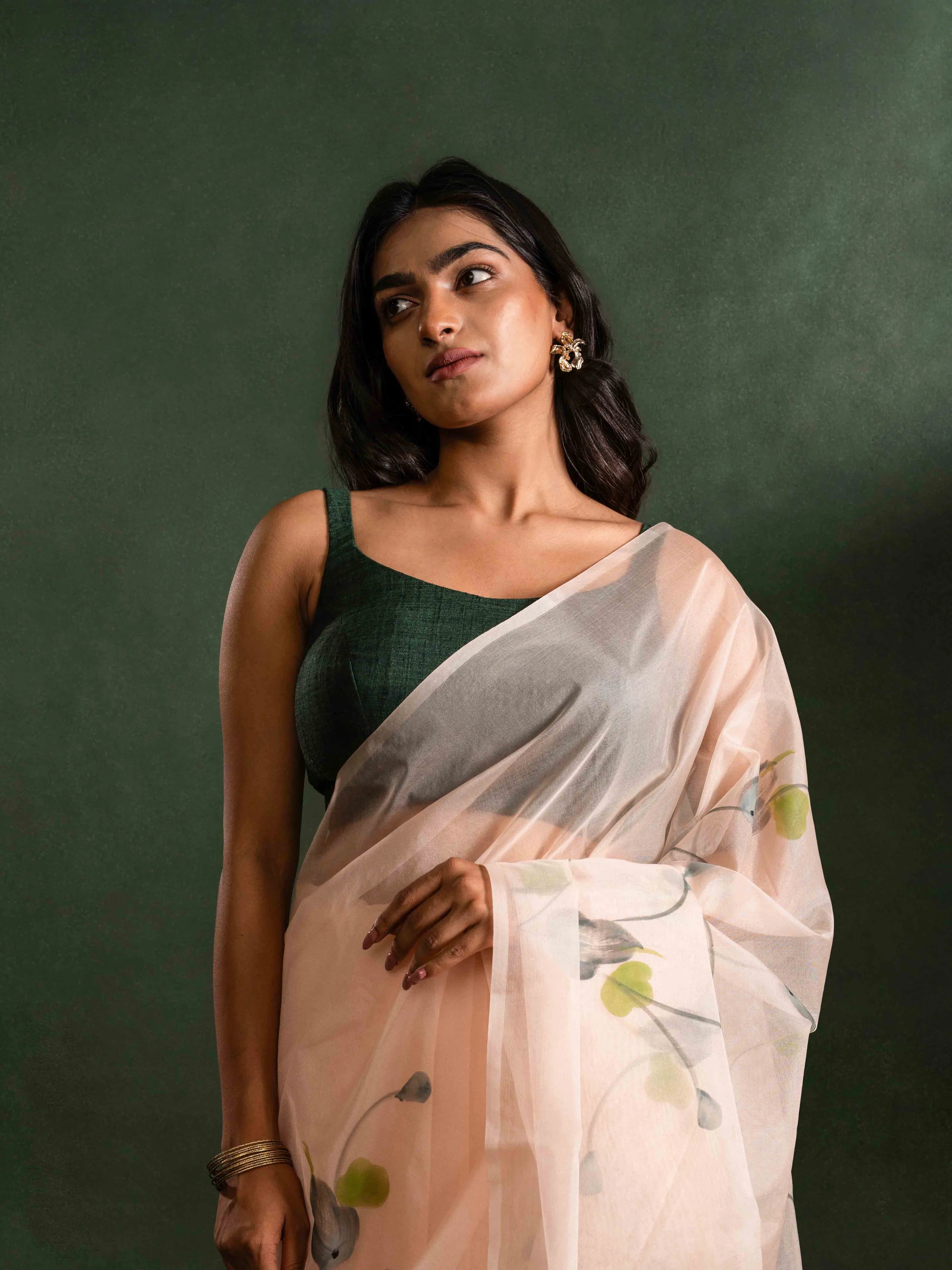 Flowy Organza Silk Hand-Painted Saree – Blush Beige