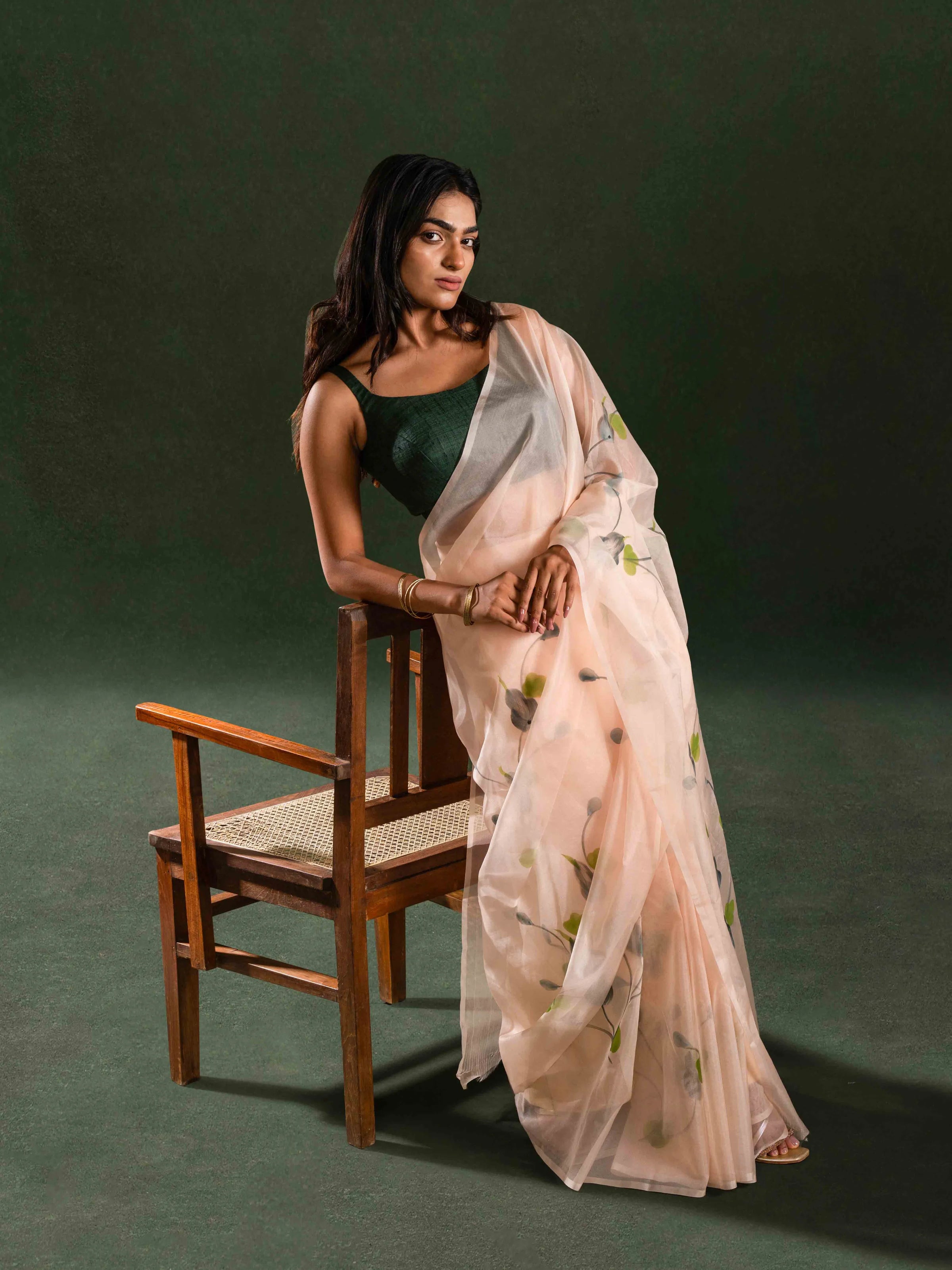 Flowy Organza Silk Hand-Painted Saree – Blush Beige
