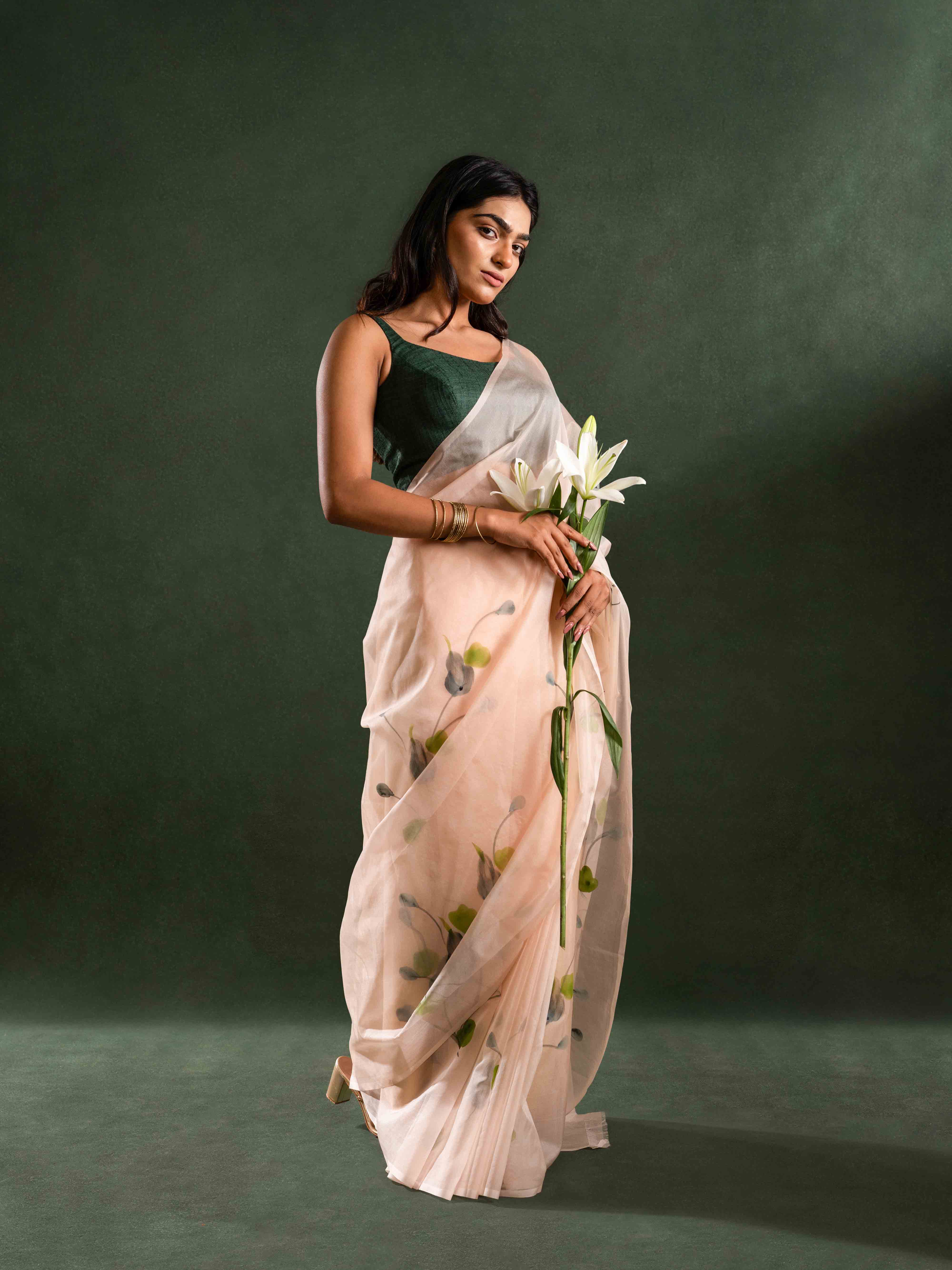 Flowy Organza Silk Hand-Painted Saree – Blush Beige