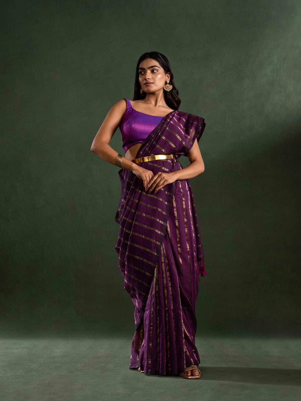Featherlight Mul Cotton Saree in Regal Purple with Zari Stripes