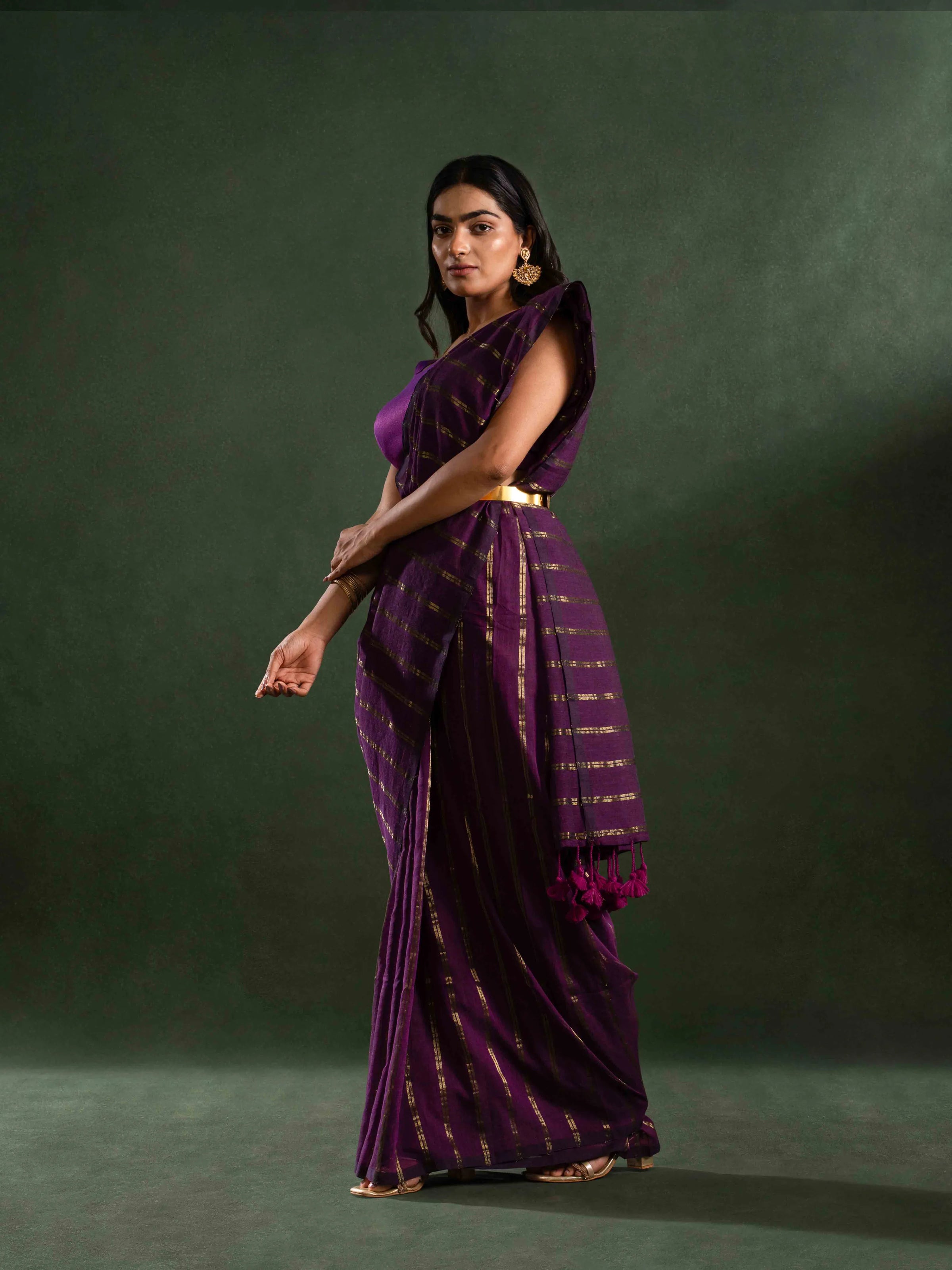 Featherlight Mul Cotton Saree in Regal Purple with Zari Stripes
