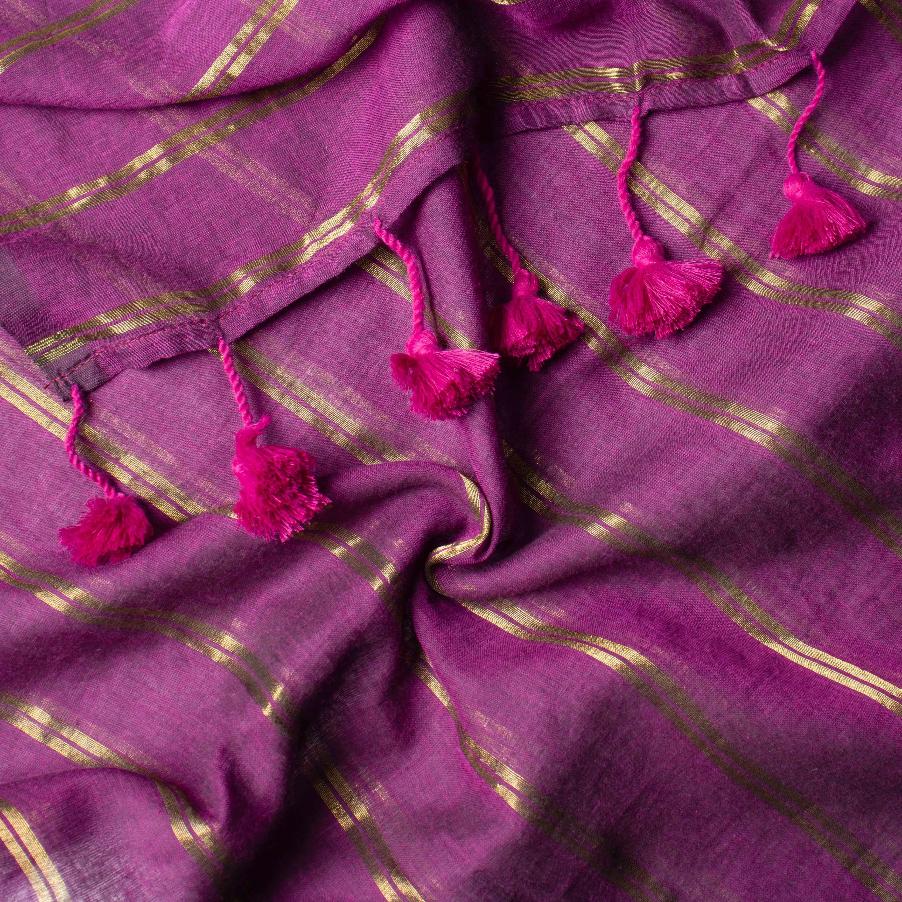 Featherlight Mul Cotton Saree in Regal Purple with Zari Stripes