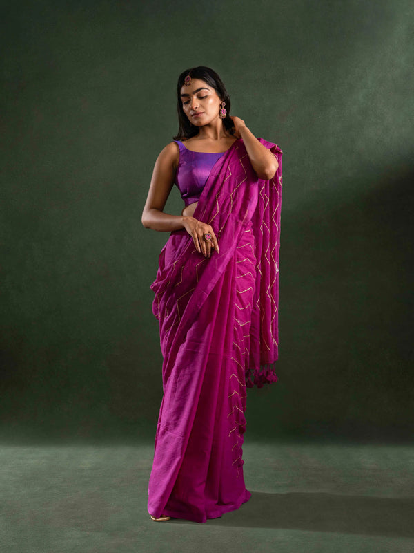 Featherlight Mul Cotton Saree in Orchid Pink with Wave Patterns