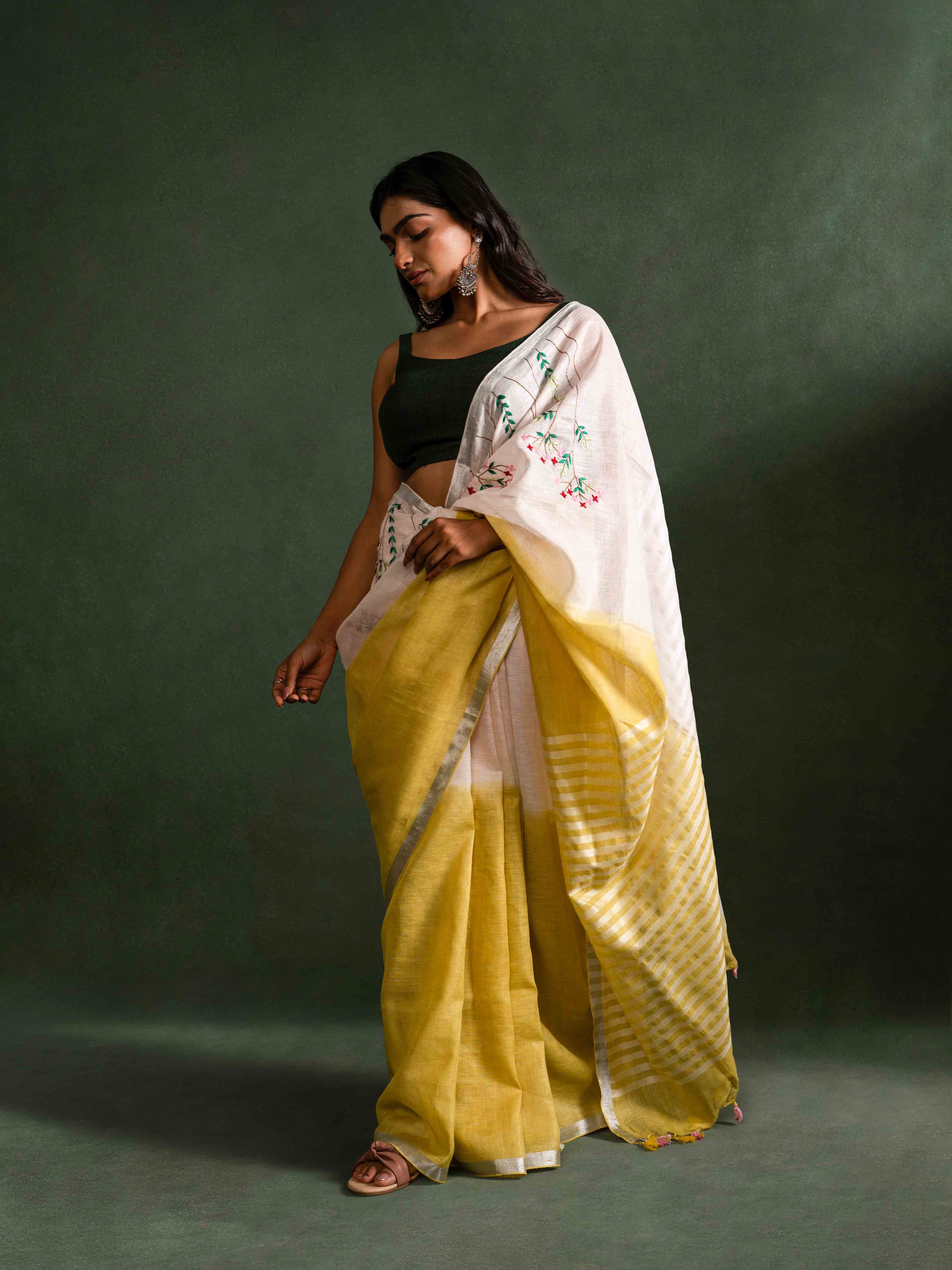 Cloud-soft Pure Linen Saree in Sunshine Yellow & Off White