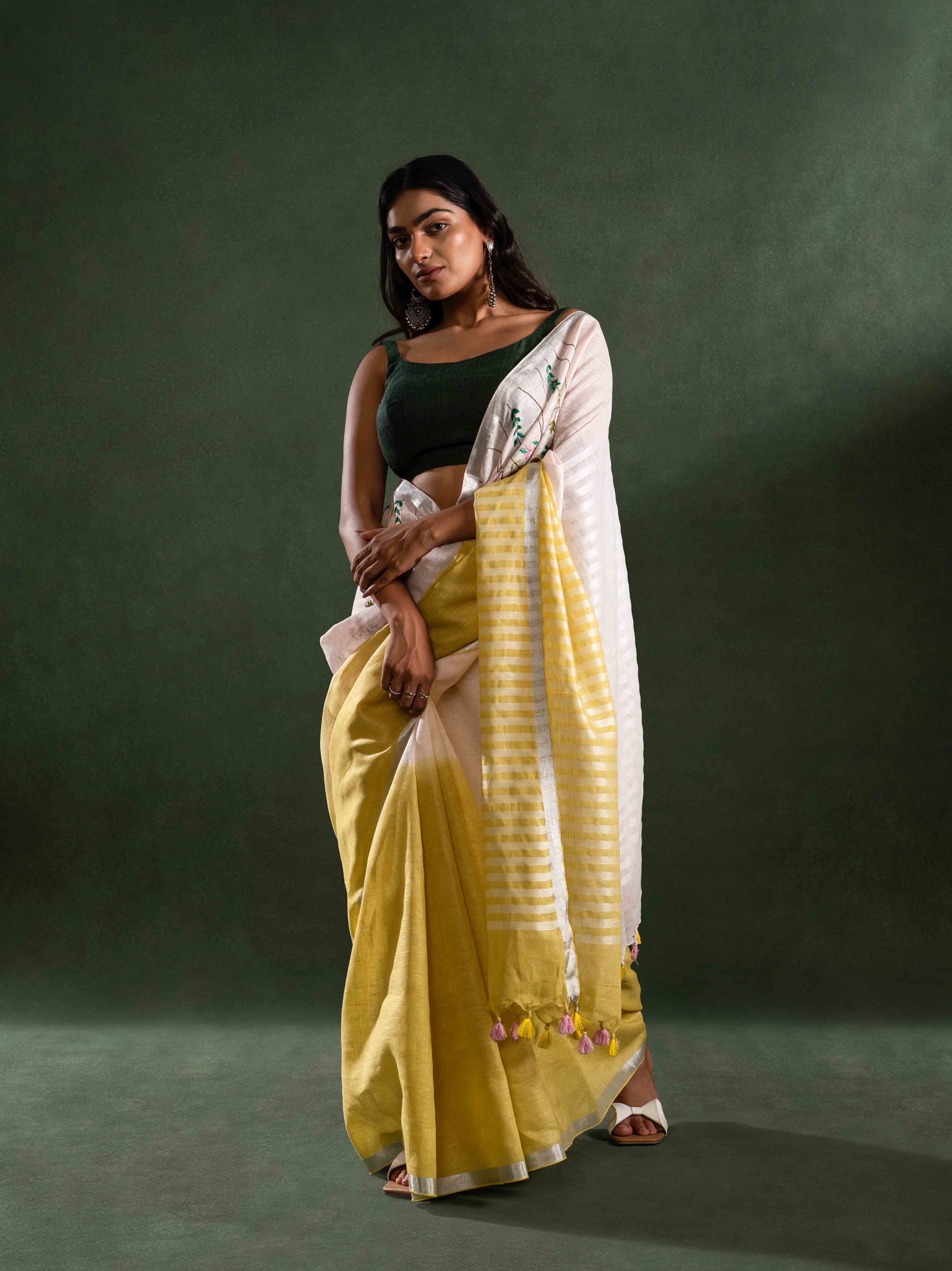 Cloud-soft Pure Linen Saree in Sunshine Yellow & Off White
