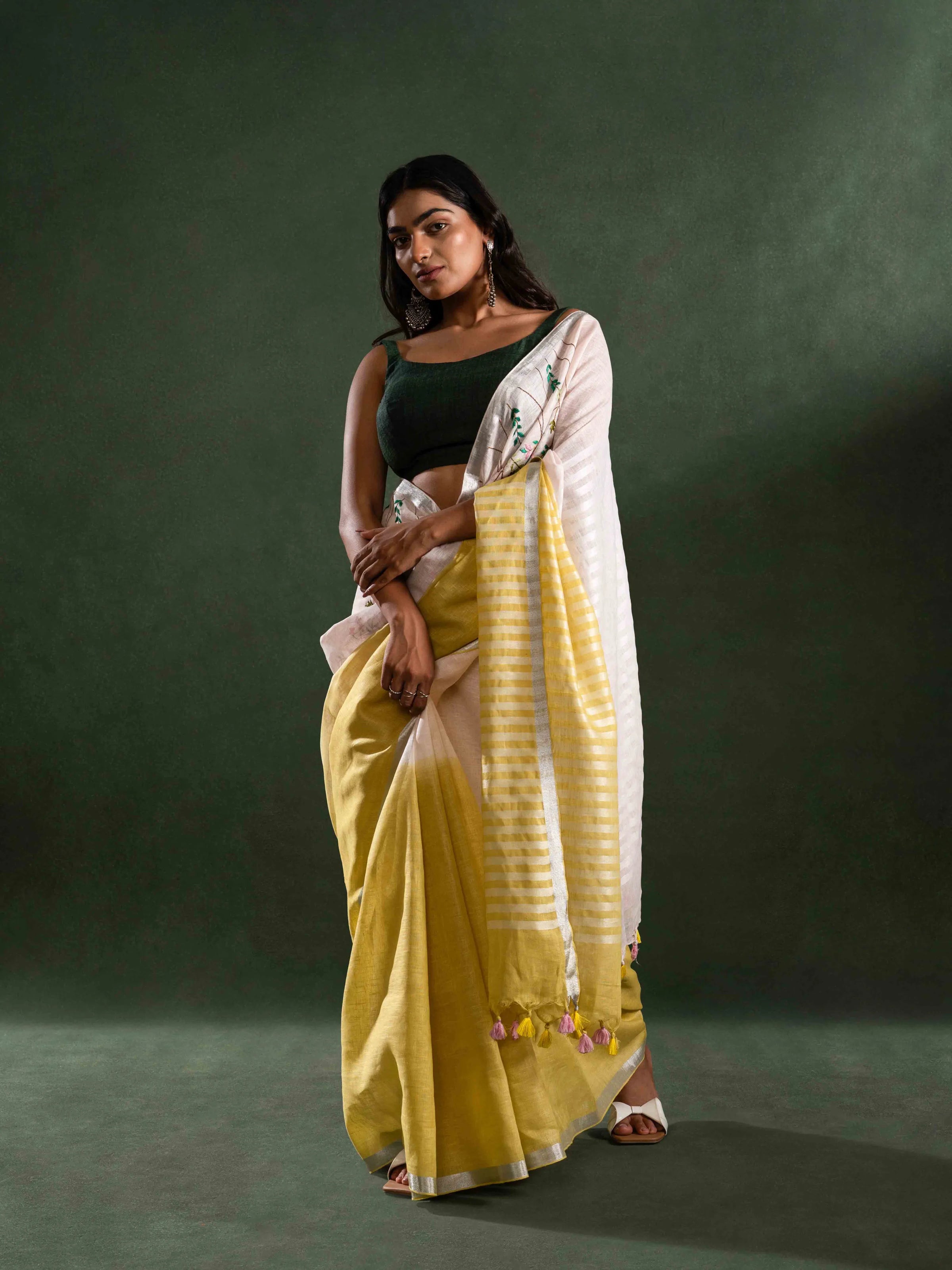 Cloud-soft Pure Linen Saree in Sunshine Yellow & Off White