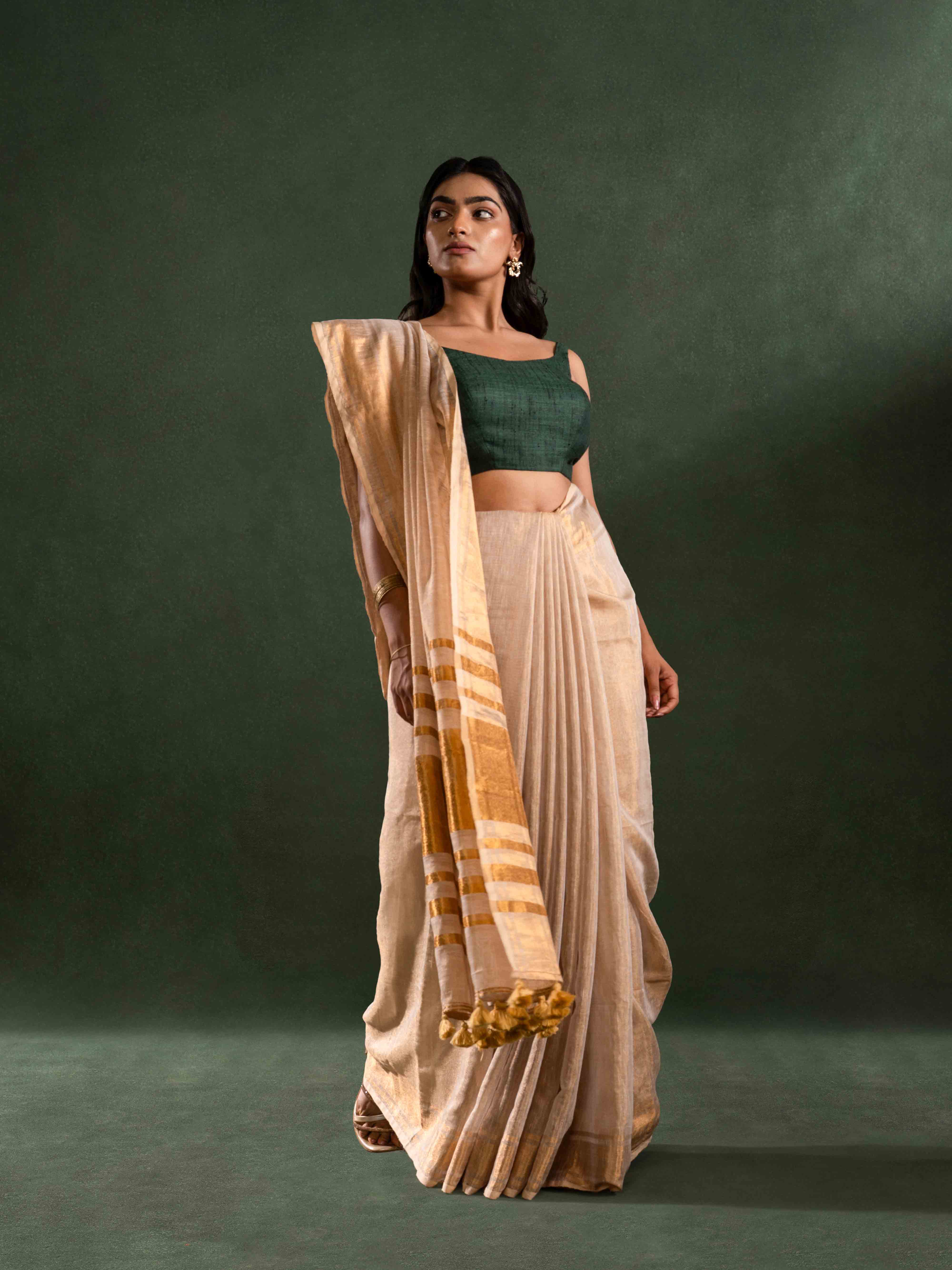 Handwoven Tissue Linen Striped Saree in Golden Yellow