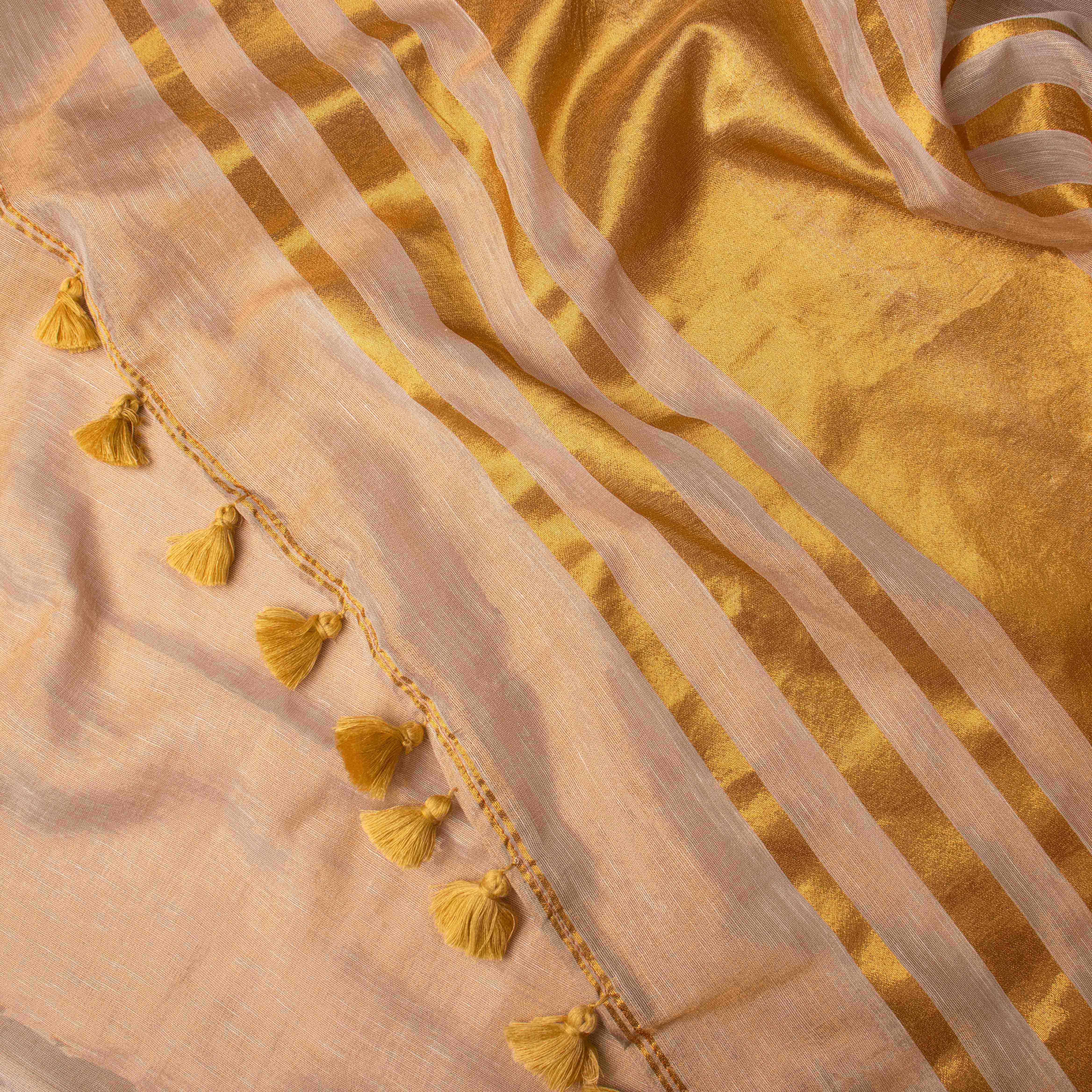 Handwoven Tissue Linen Striped Saree in Golden Yellow