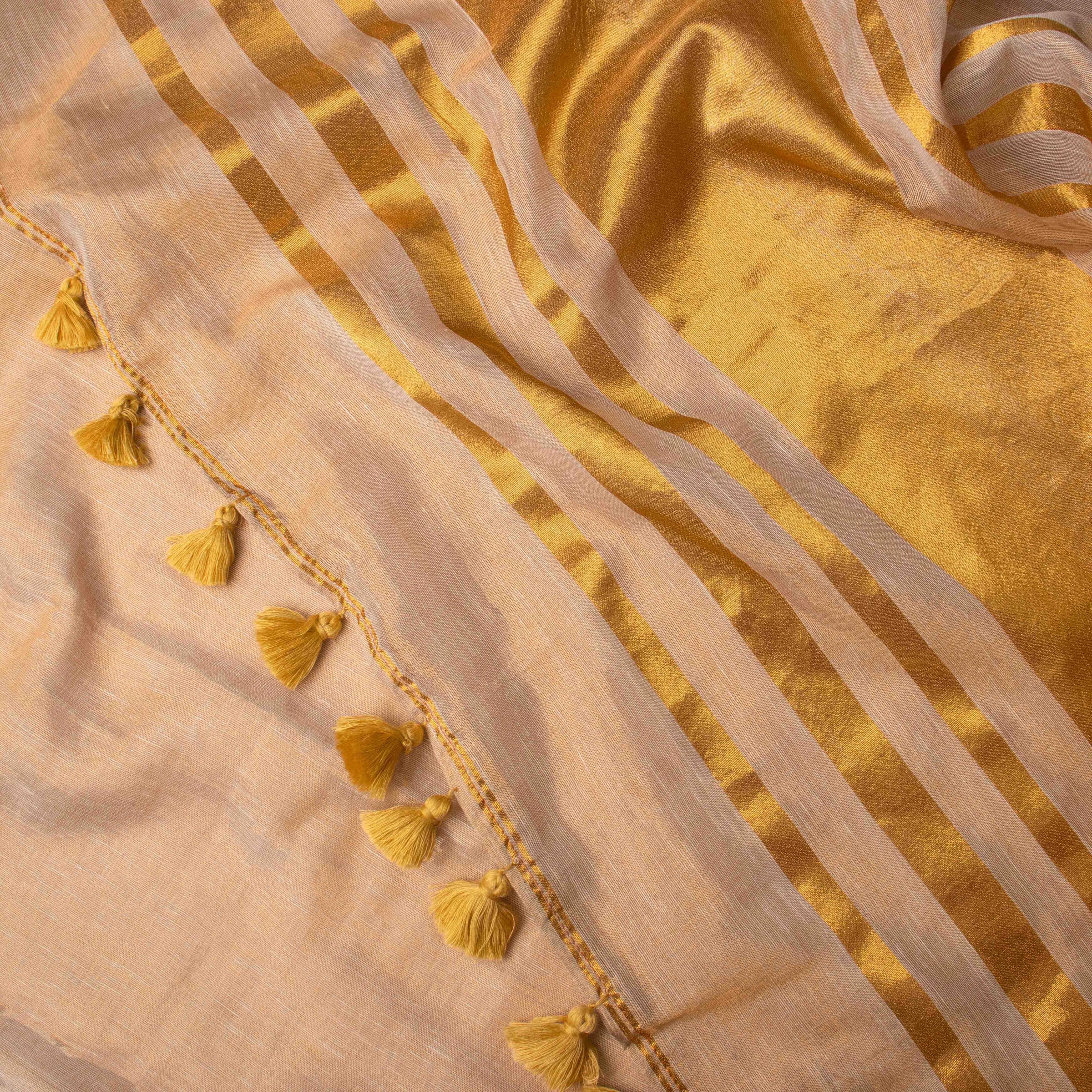 Handwoven Tissue Linen Striped Saree in Golden Yellow