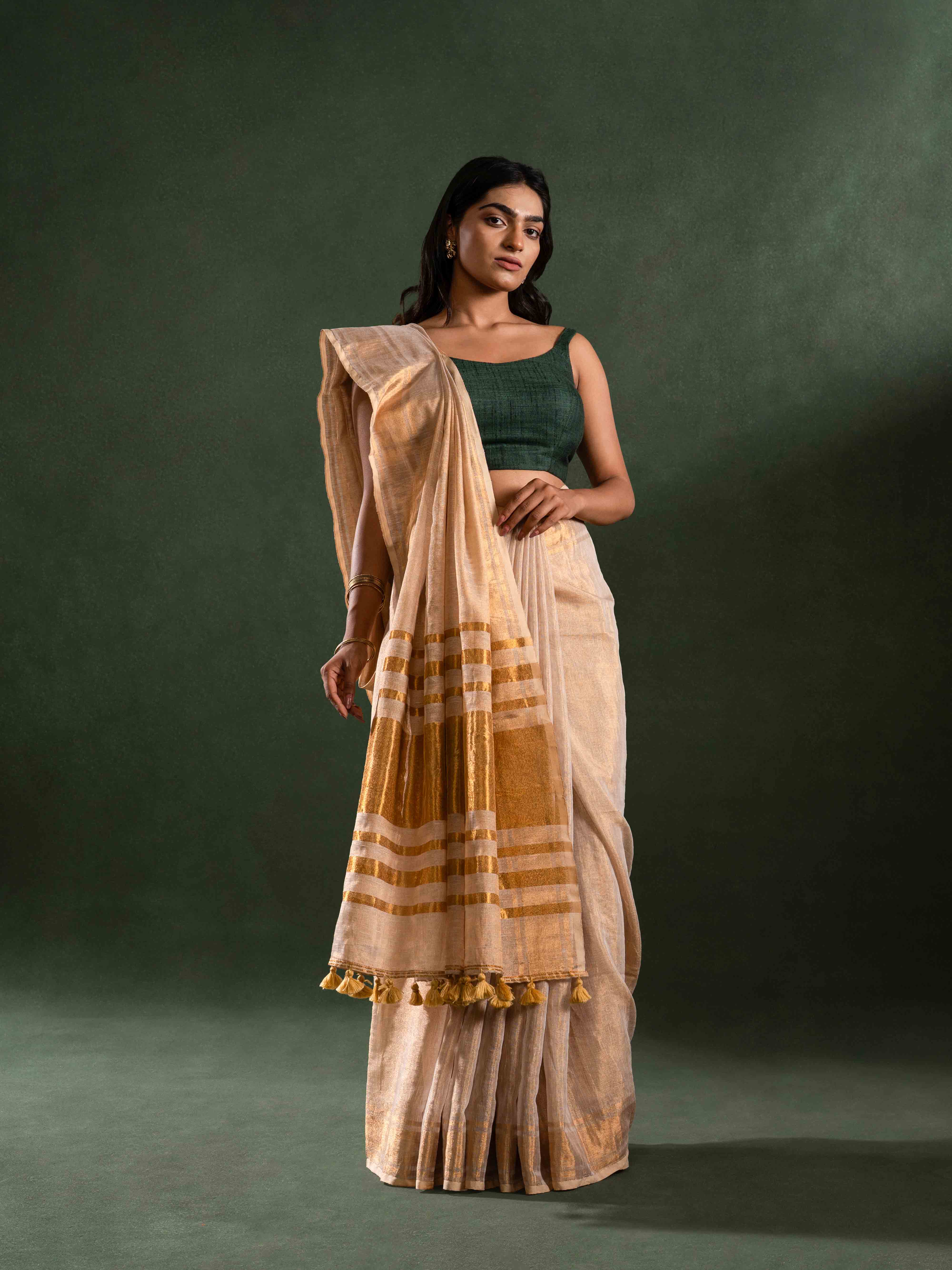 Handwoven Tissue Linen Striped Saree in Golden Yellow