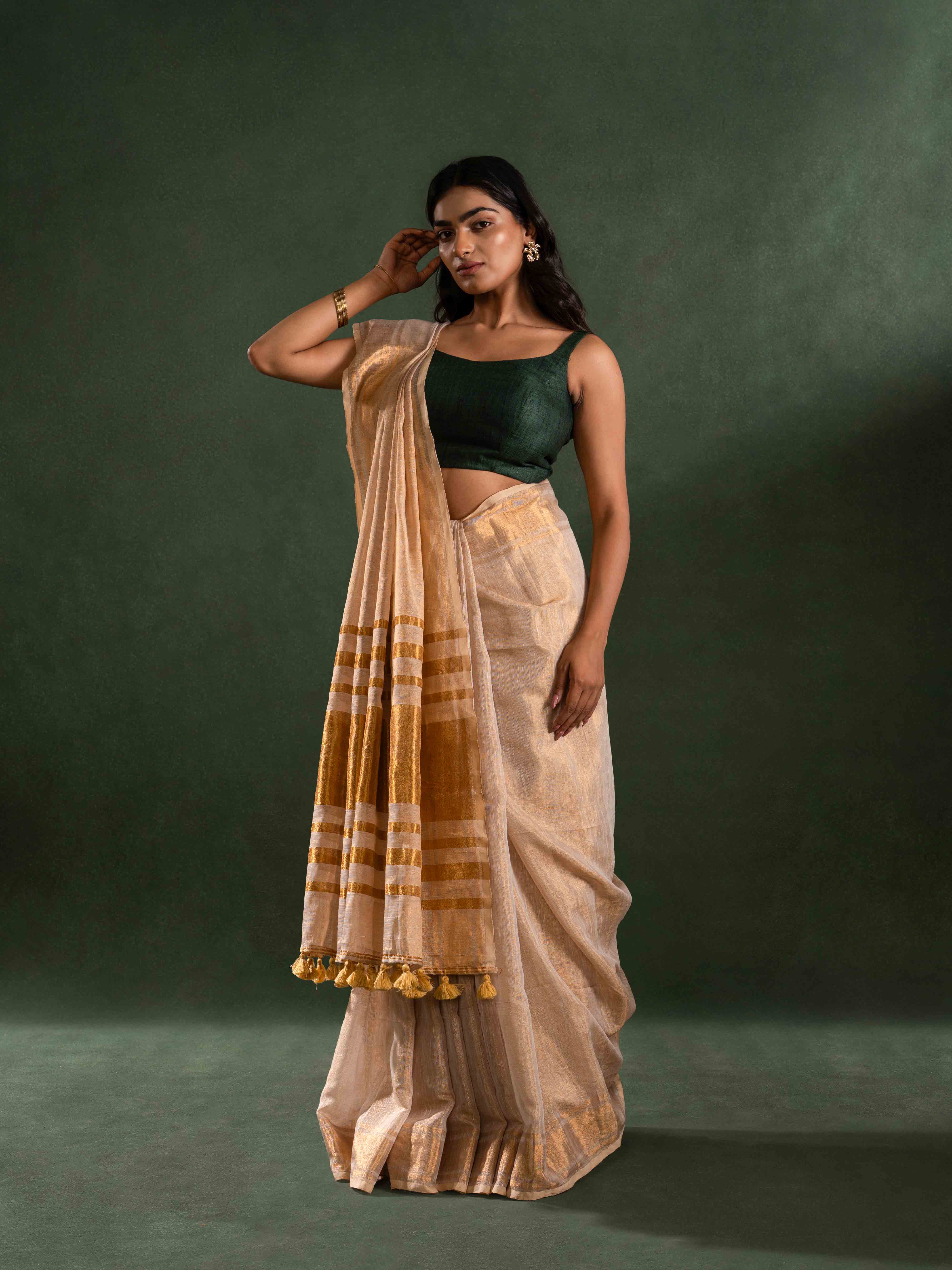 Handwoven Tissue Linen Striped Saree in Golden Yellow