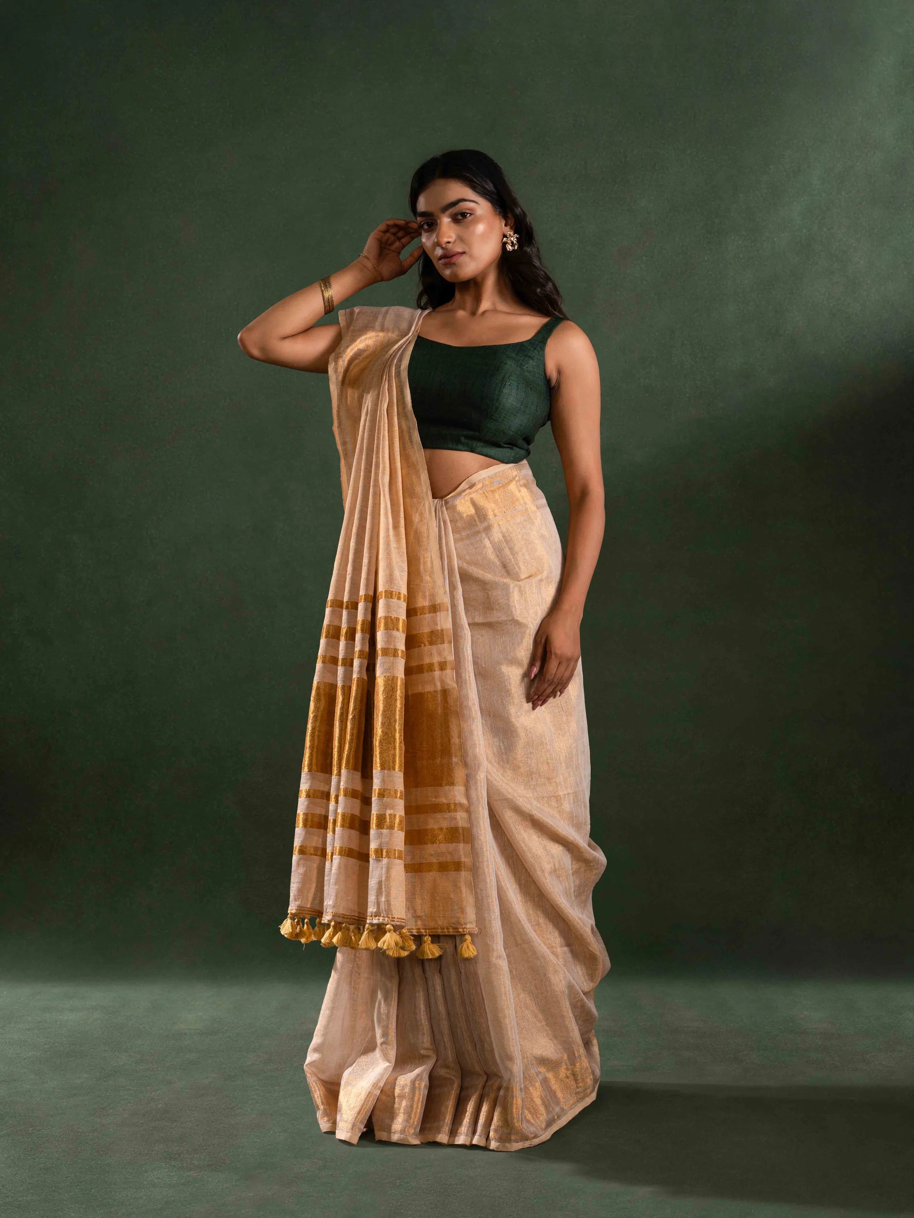 Handwoven Tissue Linen Striped Saree in Golden Yellow