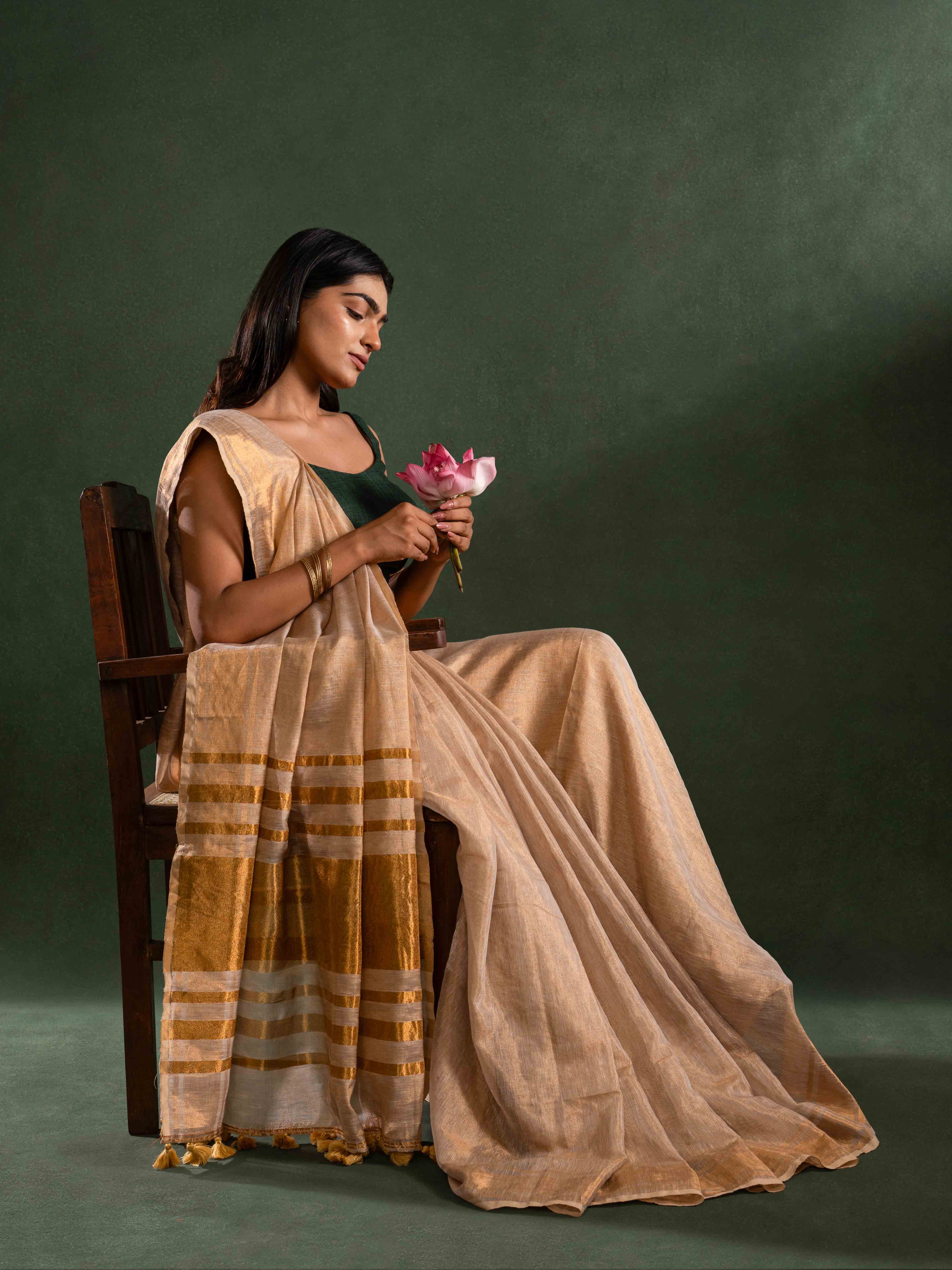 Handwoven Tissue Linen Striped Saree in Golden Yellow
