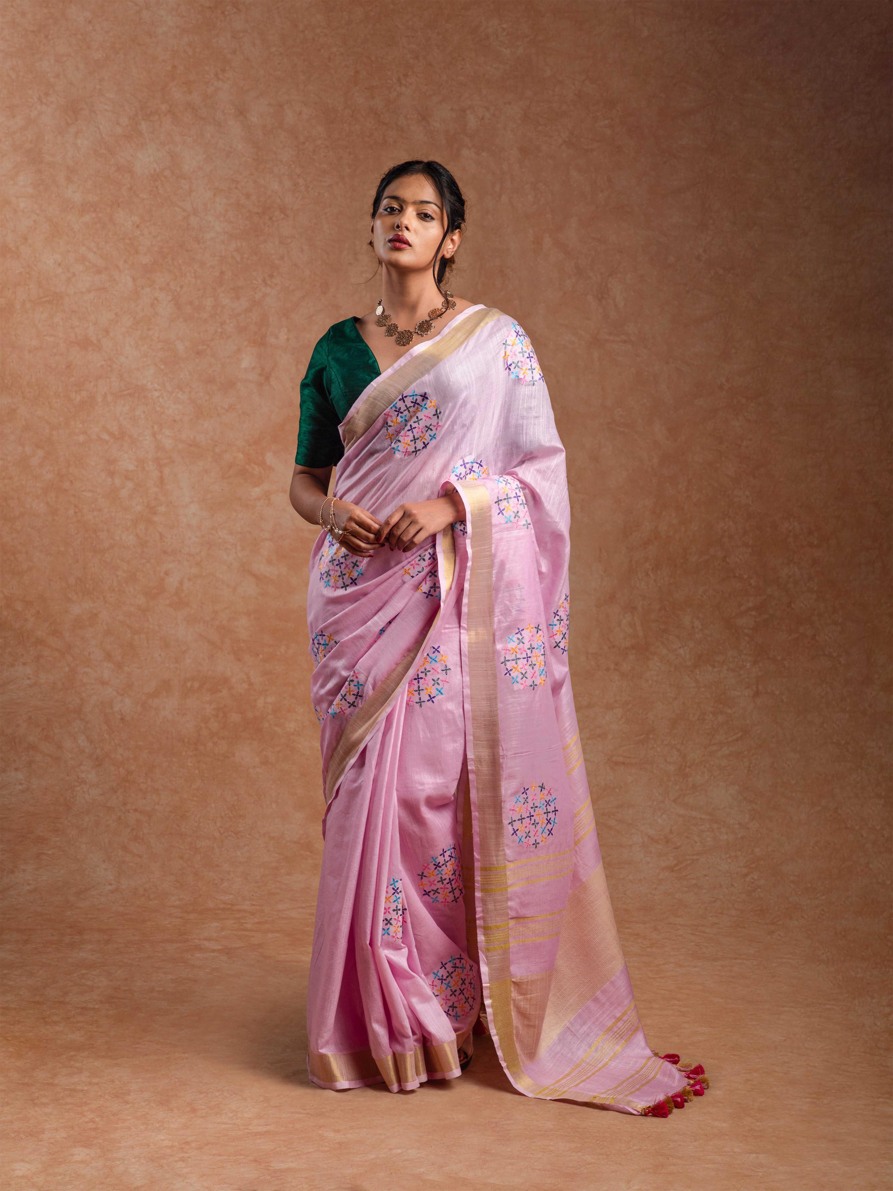 Pure Linen Embroidered Saree in Rose Quartz