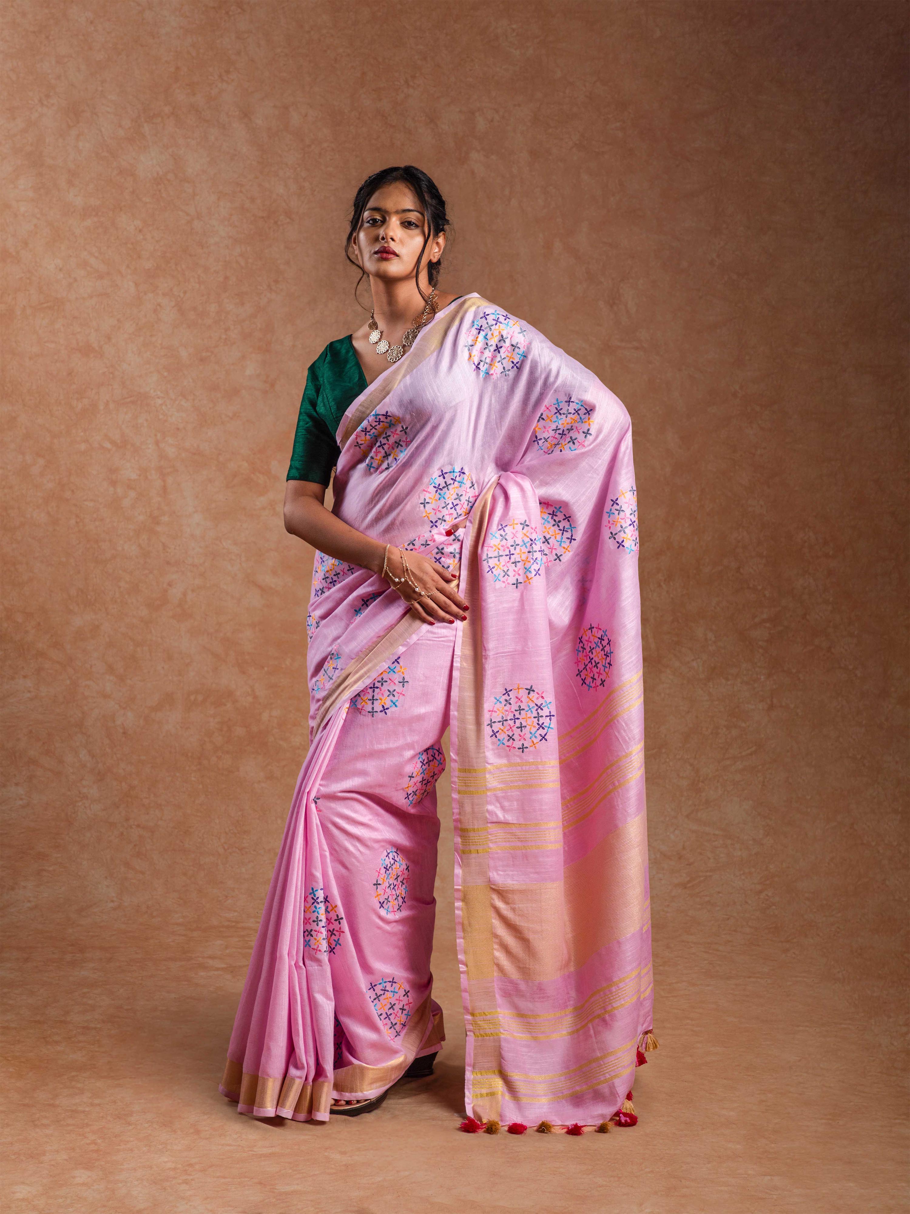 Pure Linen Embroidered Saree in Rose Quartz