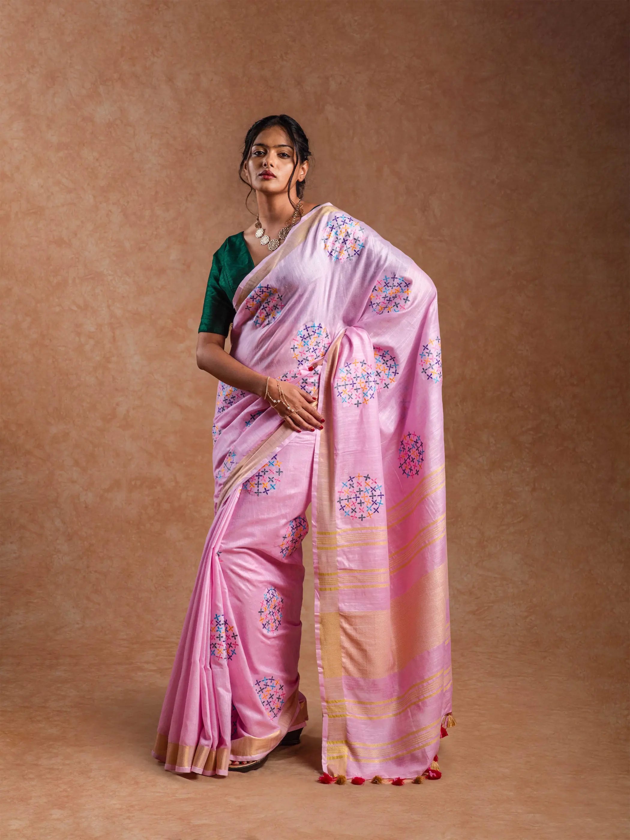 Pure Linen Embroidered Saree in Rose Quartz