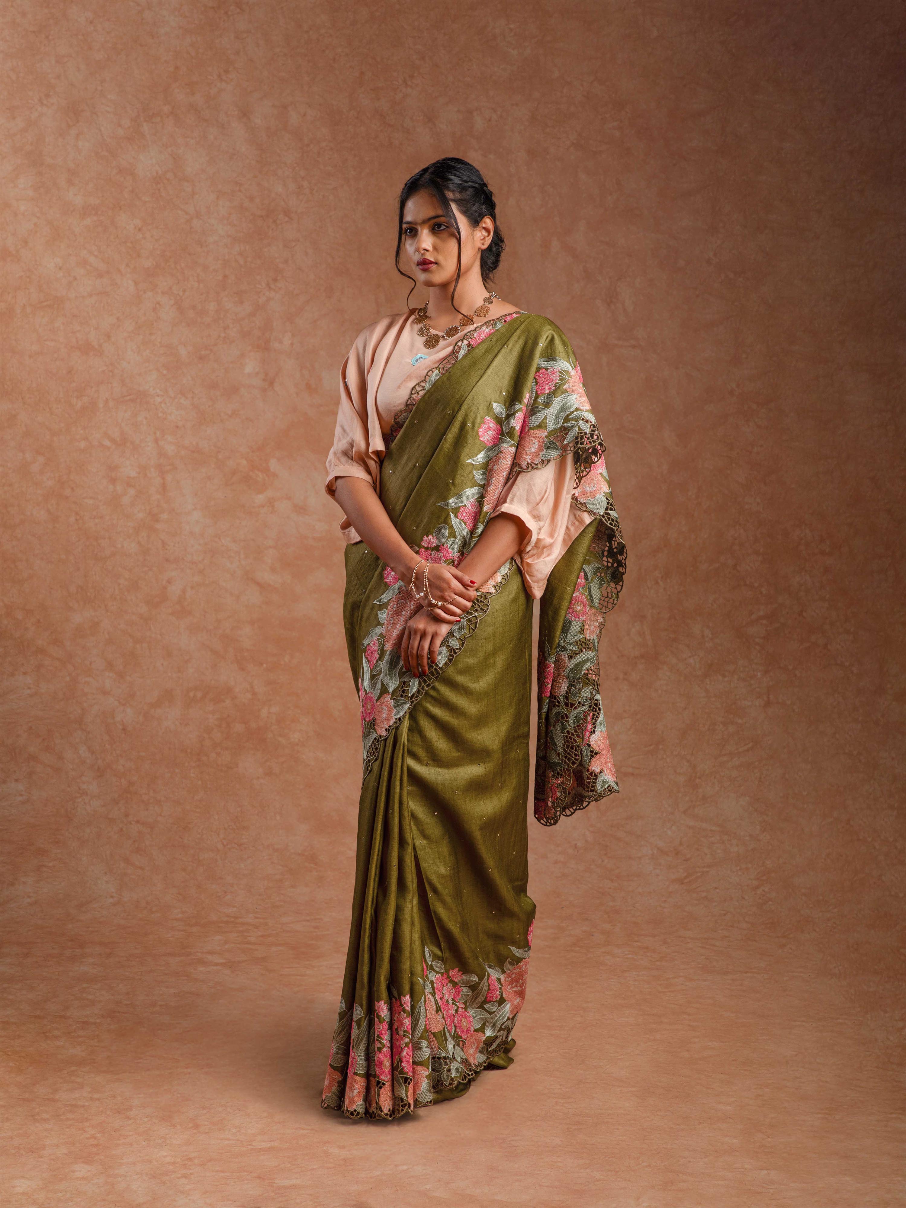 Tussar Silk Embroidered Cut-work Saree in Antique Olive