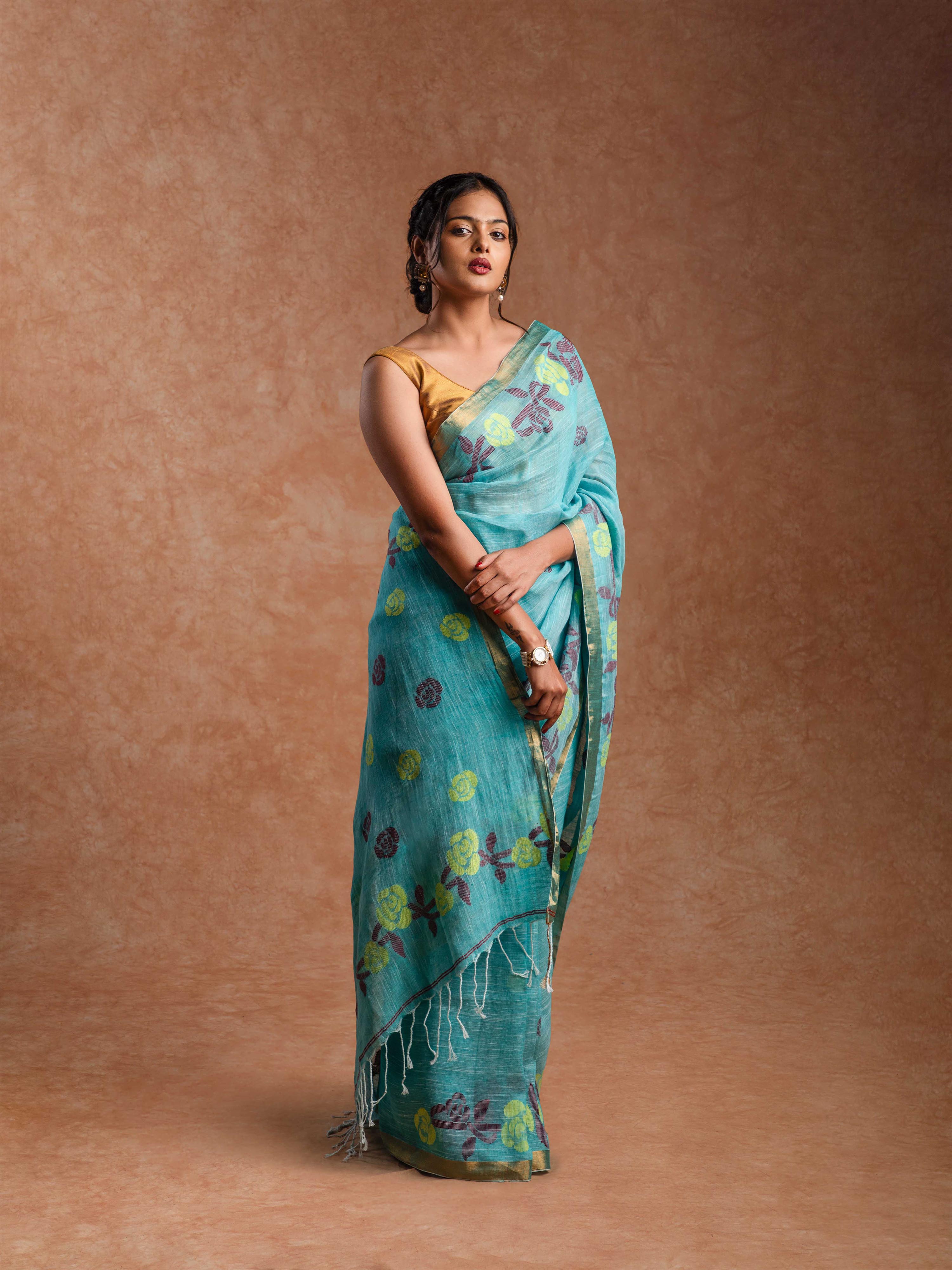 Pure Linen Jamdani saree in Mineral Turquoise