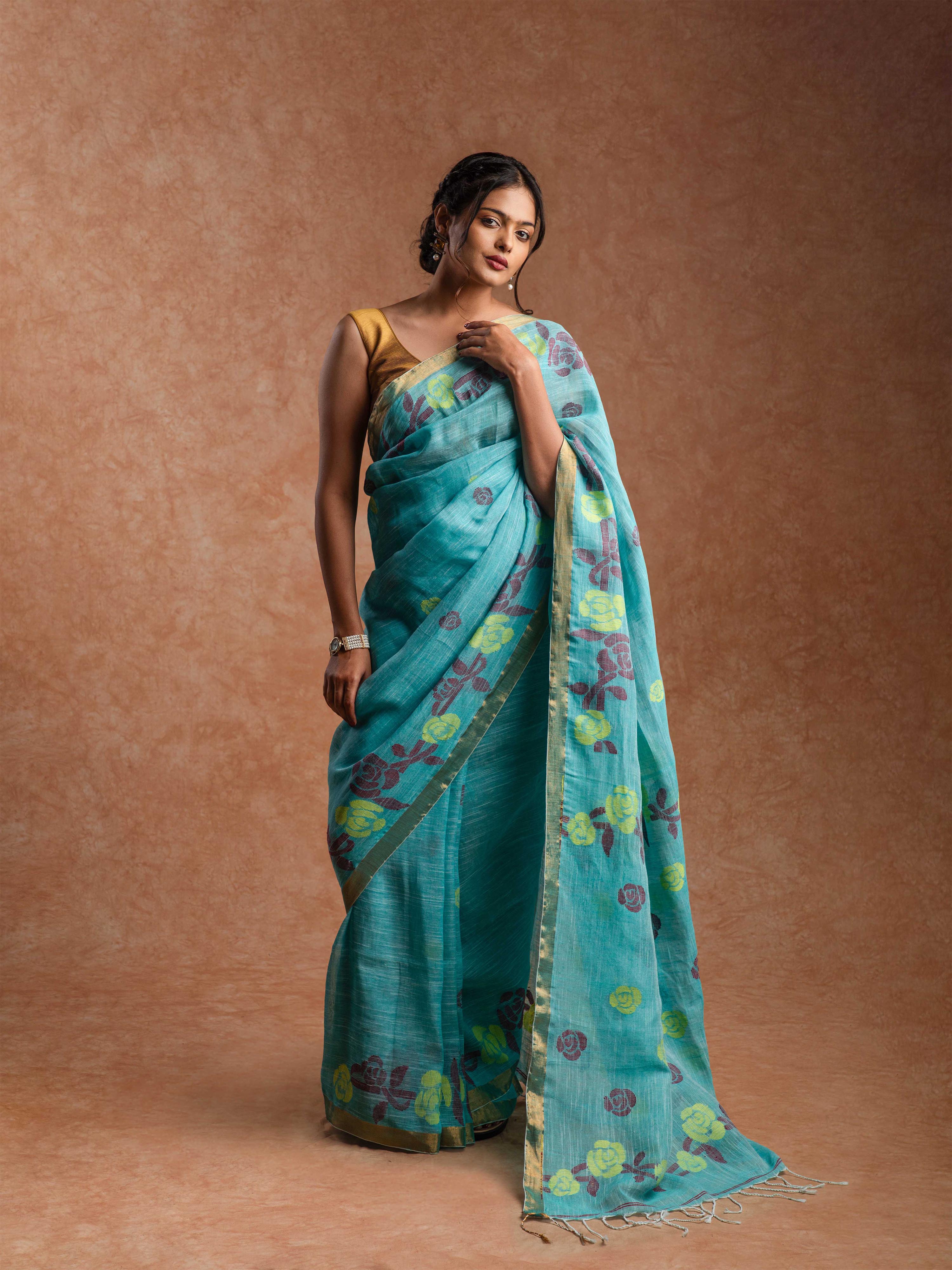 Pure Linen Jamdani saree in Mineral Turquoise