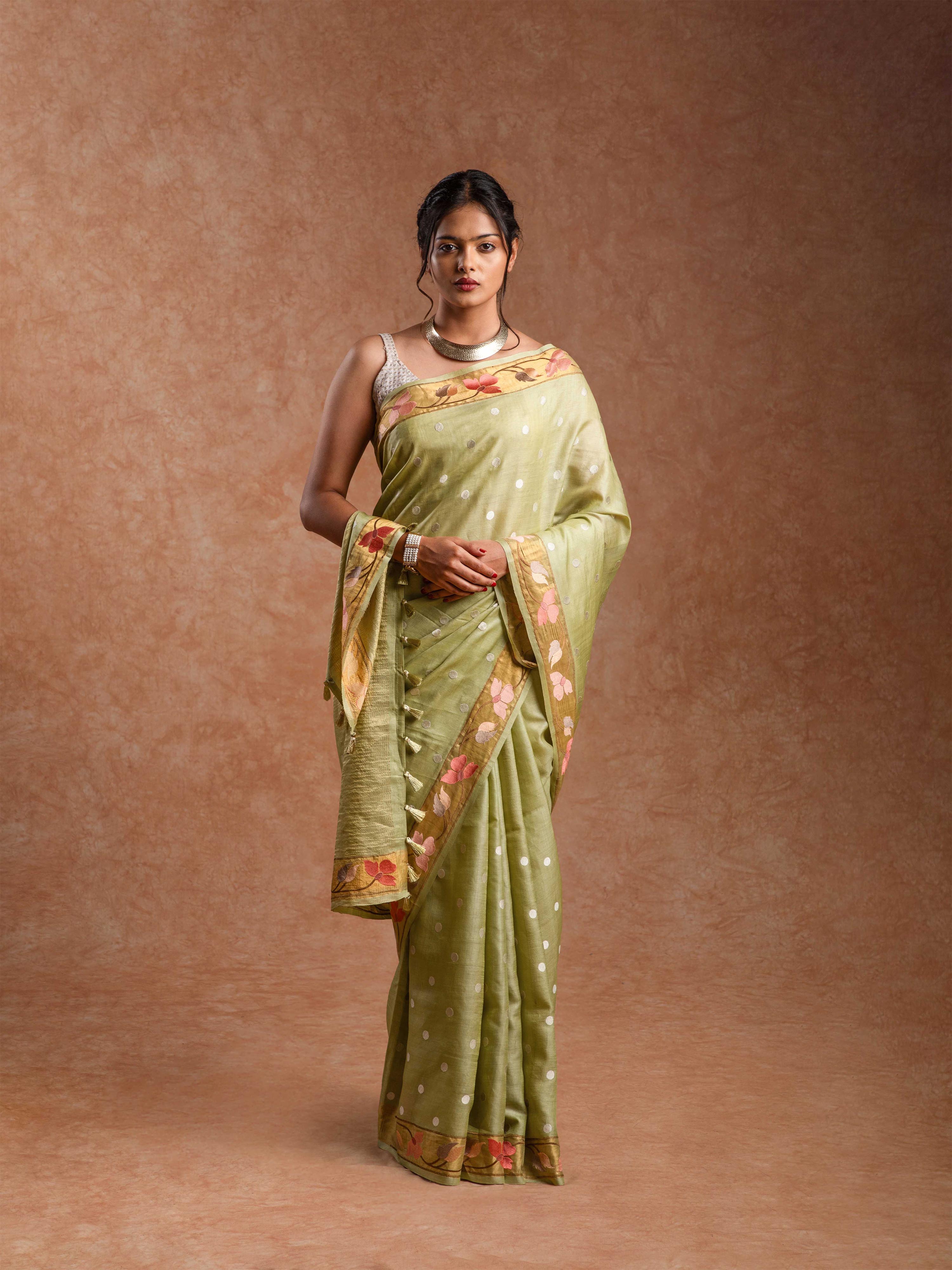 Tussar Silk Embroidered Saree in Champagne Sage