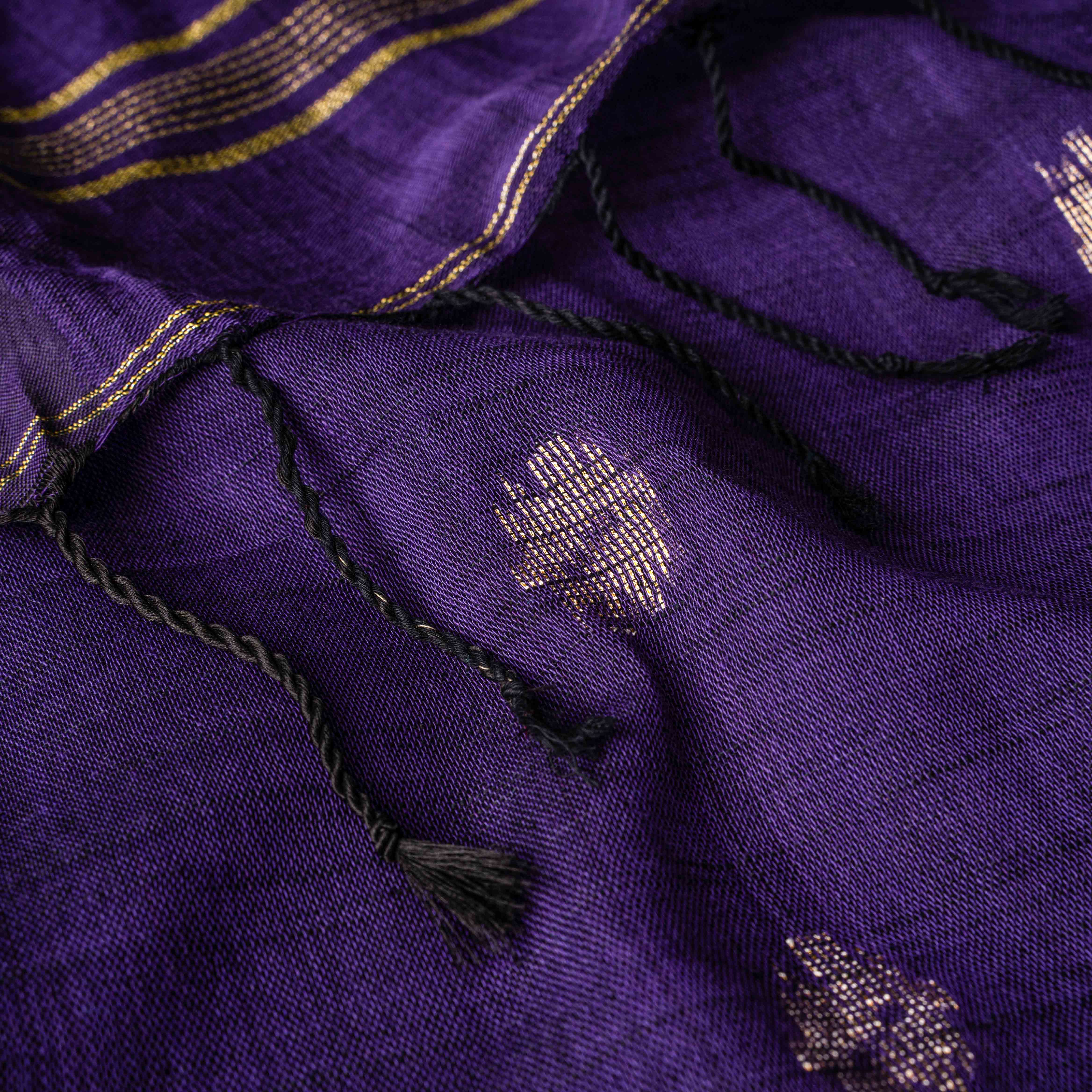 Pure Linen Jamdani saree in Deep Violet & Antique Gold